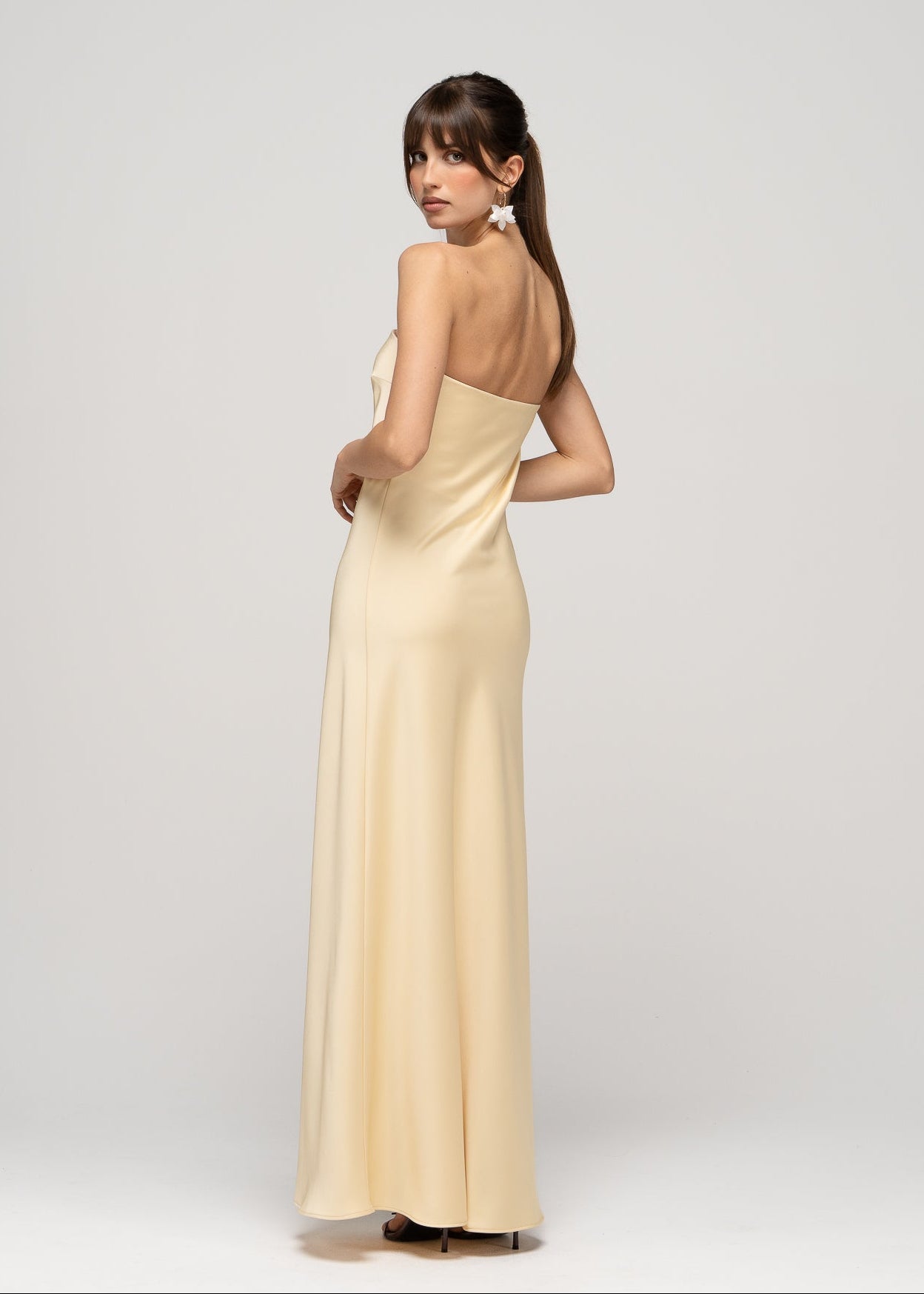La Noche Strapless Satin Gown with Shawl - Butter Yellow