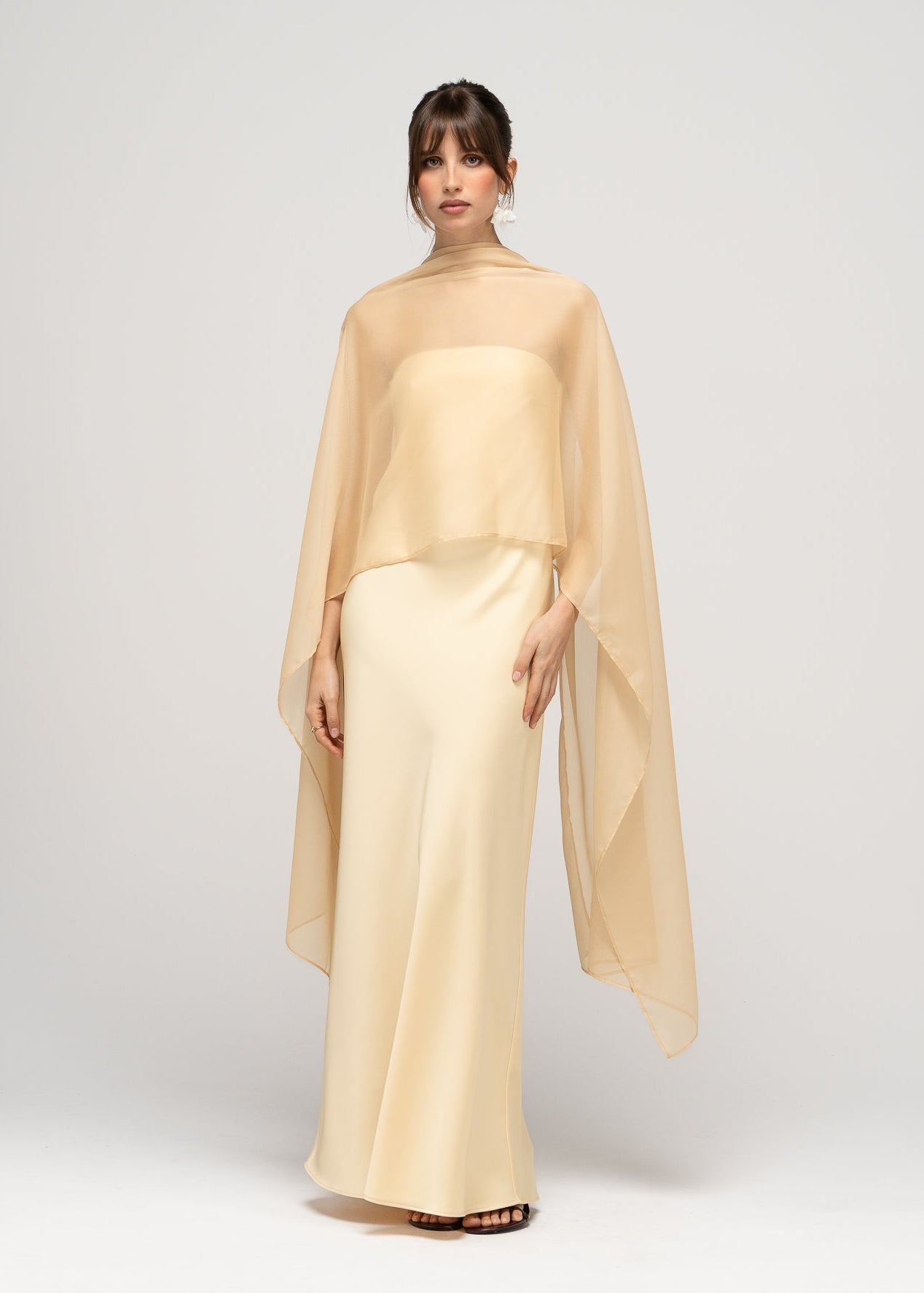 La Noche Strapless Satin Gown with Shawl - Butter Yellow