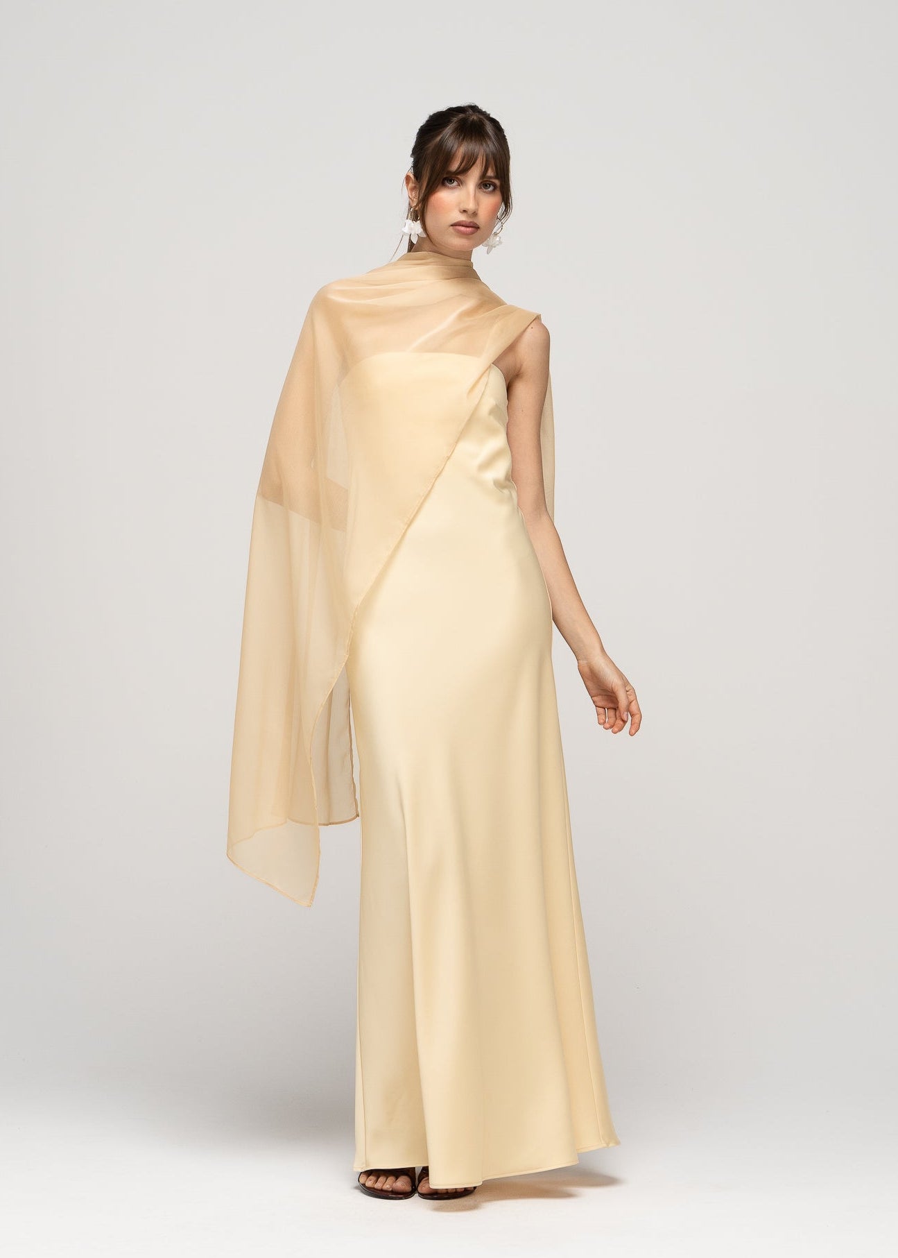 La Noche Strapless Satin Gown with Shawl - Butter Yellow