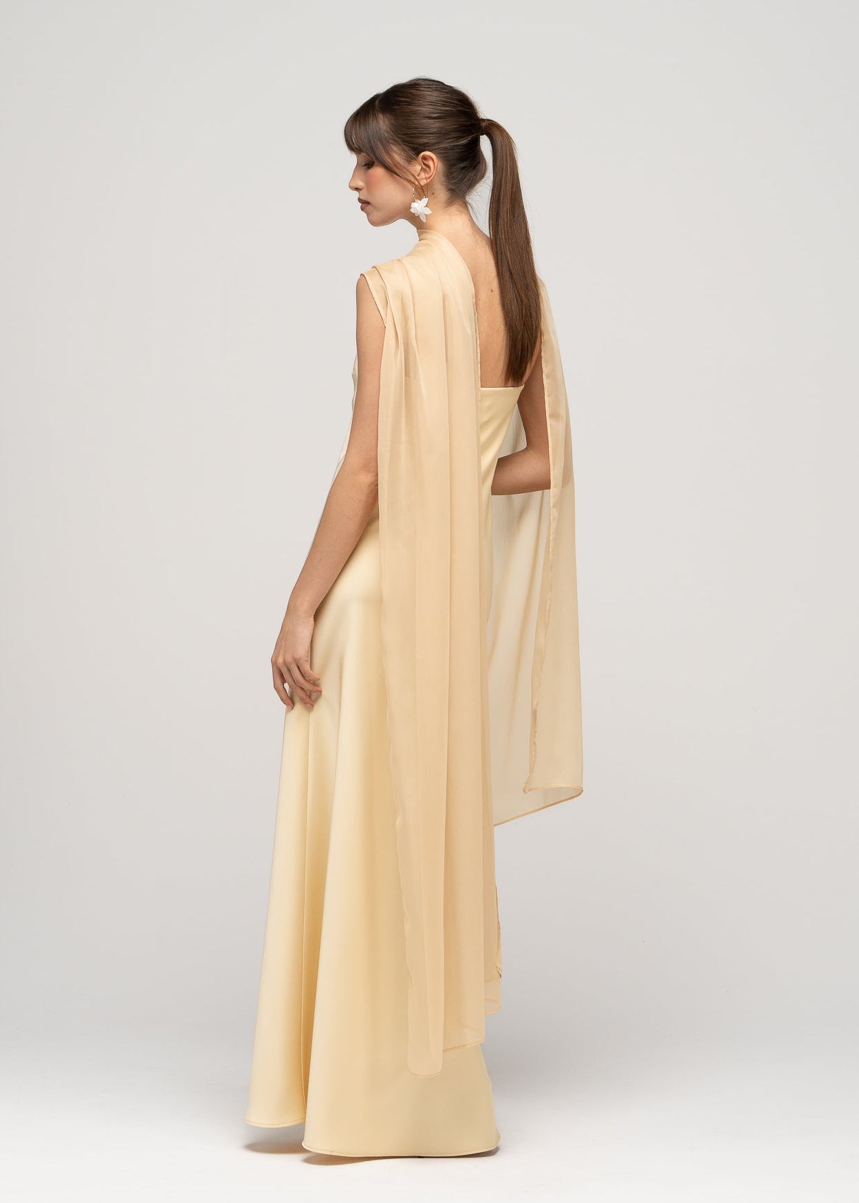 La Noche Strapless Satin Gown with Shawl - Butter Yellow