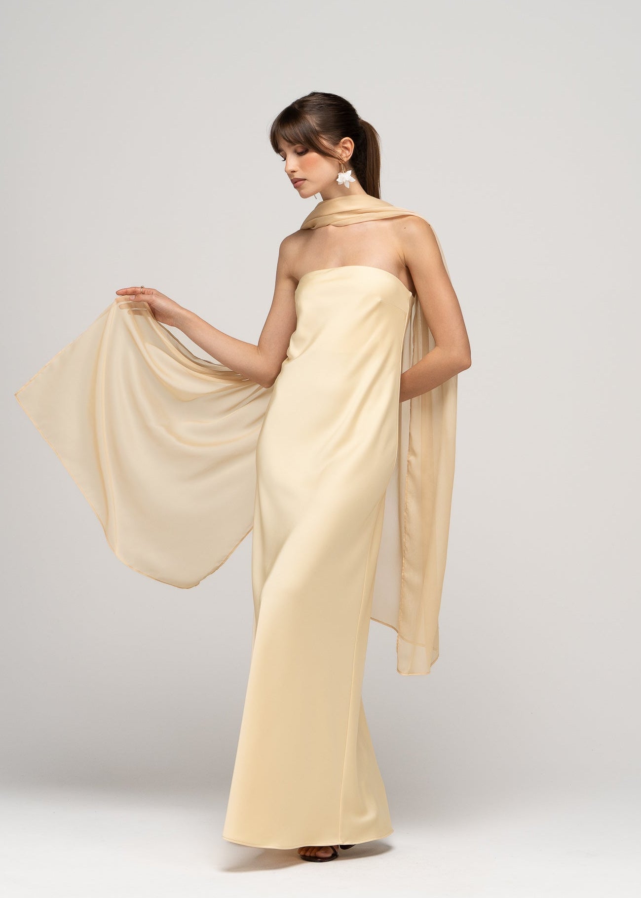 La Noche Strapless Satin Gown with Shawl - Butter Yellow