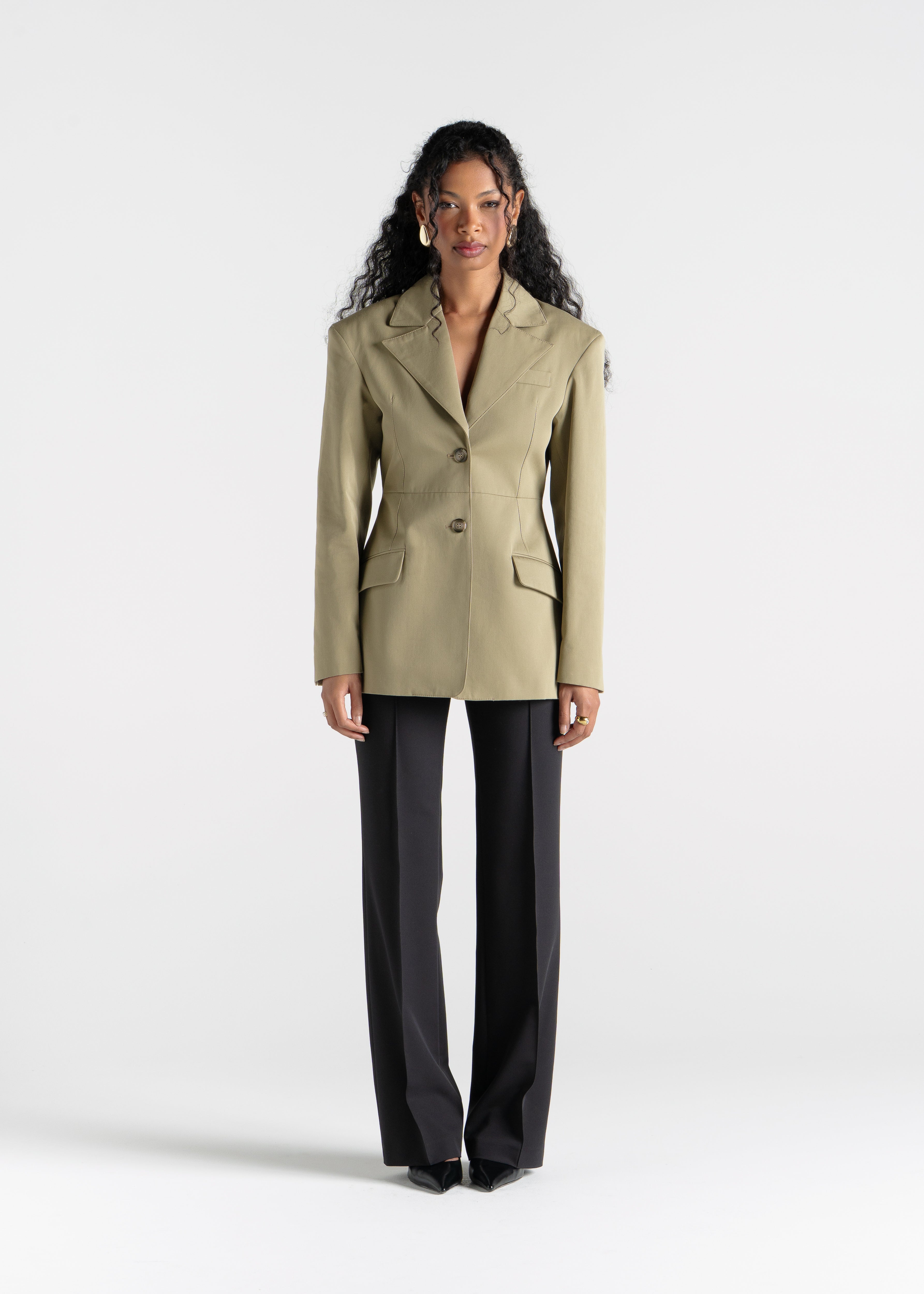 Ella Structured Waist-Cinched Blazer - Olive Green
