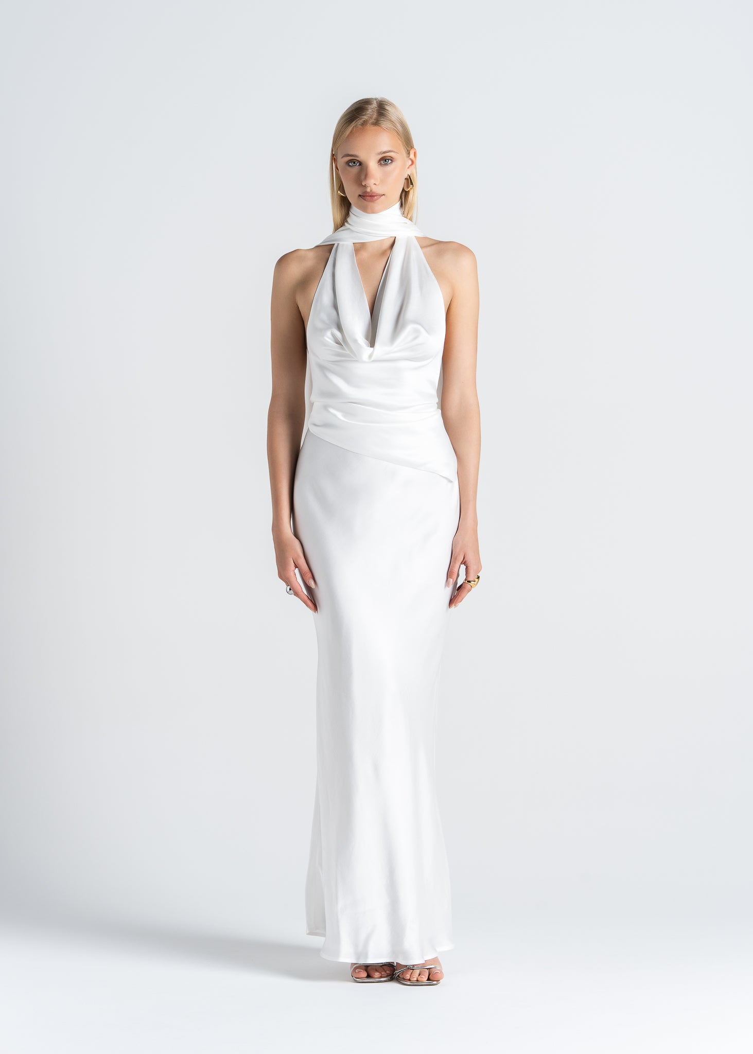 Halo Satin Backless Halter Top - White