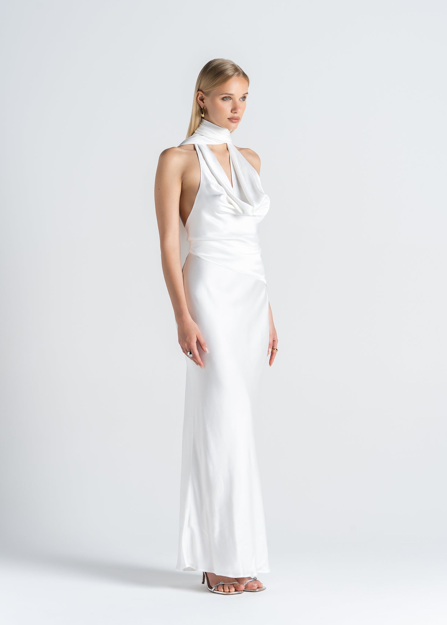 Halo Satin Backless Halter Top - White