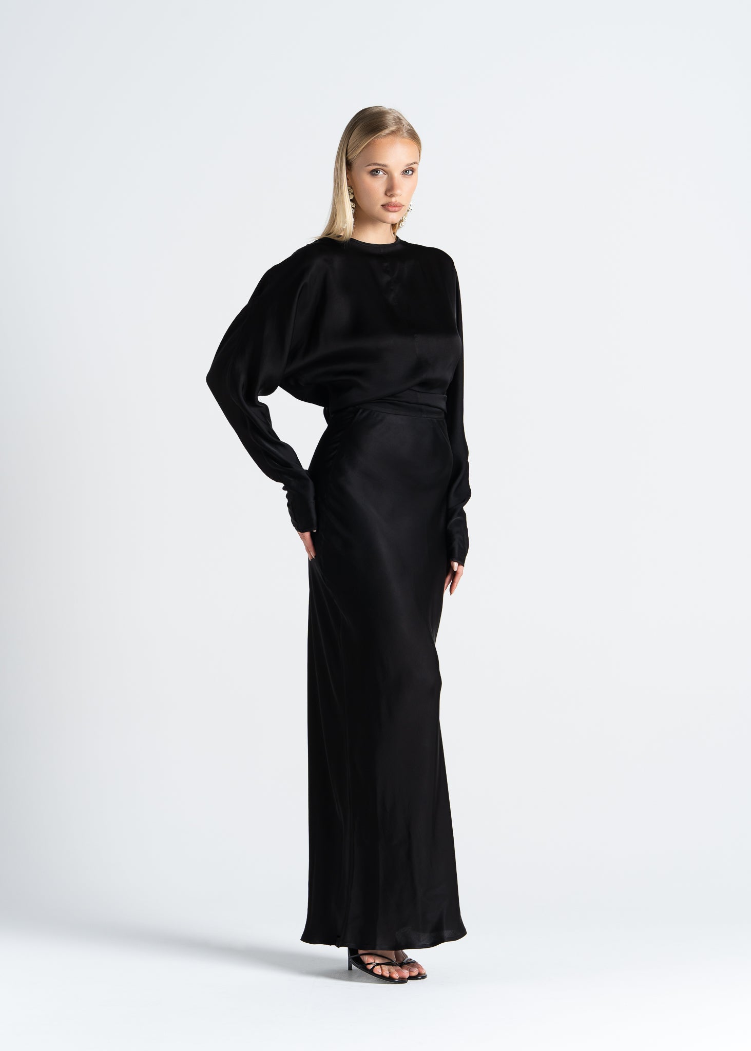 Halo Long Sleeve Satin Blouse - Black