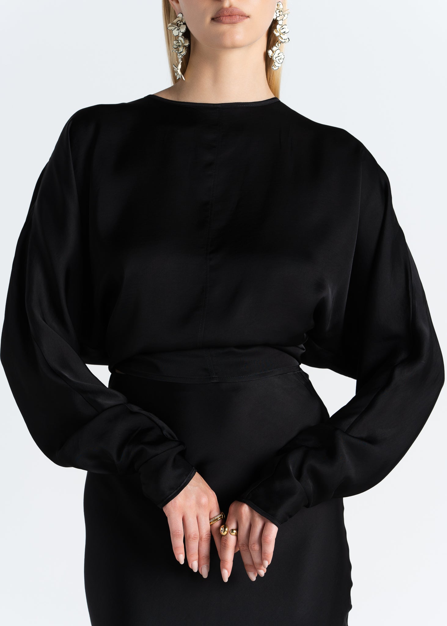 Halo Long Sleeve Satin Blouse - Black