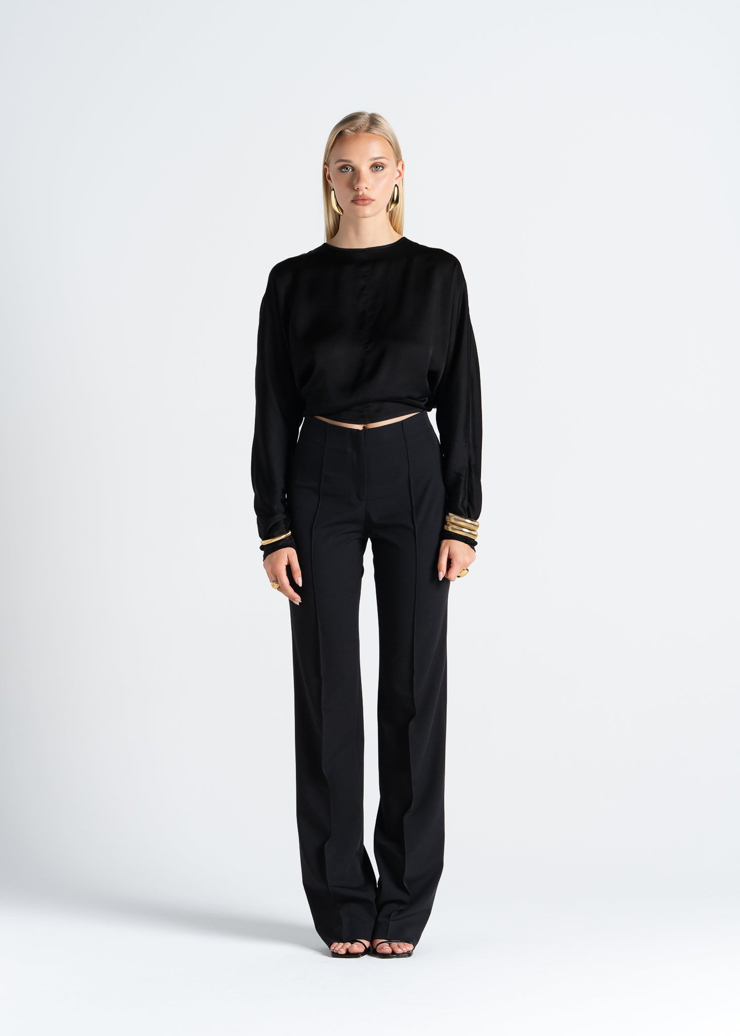 Halo Long Sleeve Satin Blouse - Black