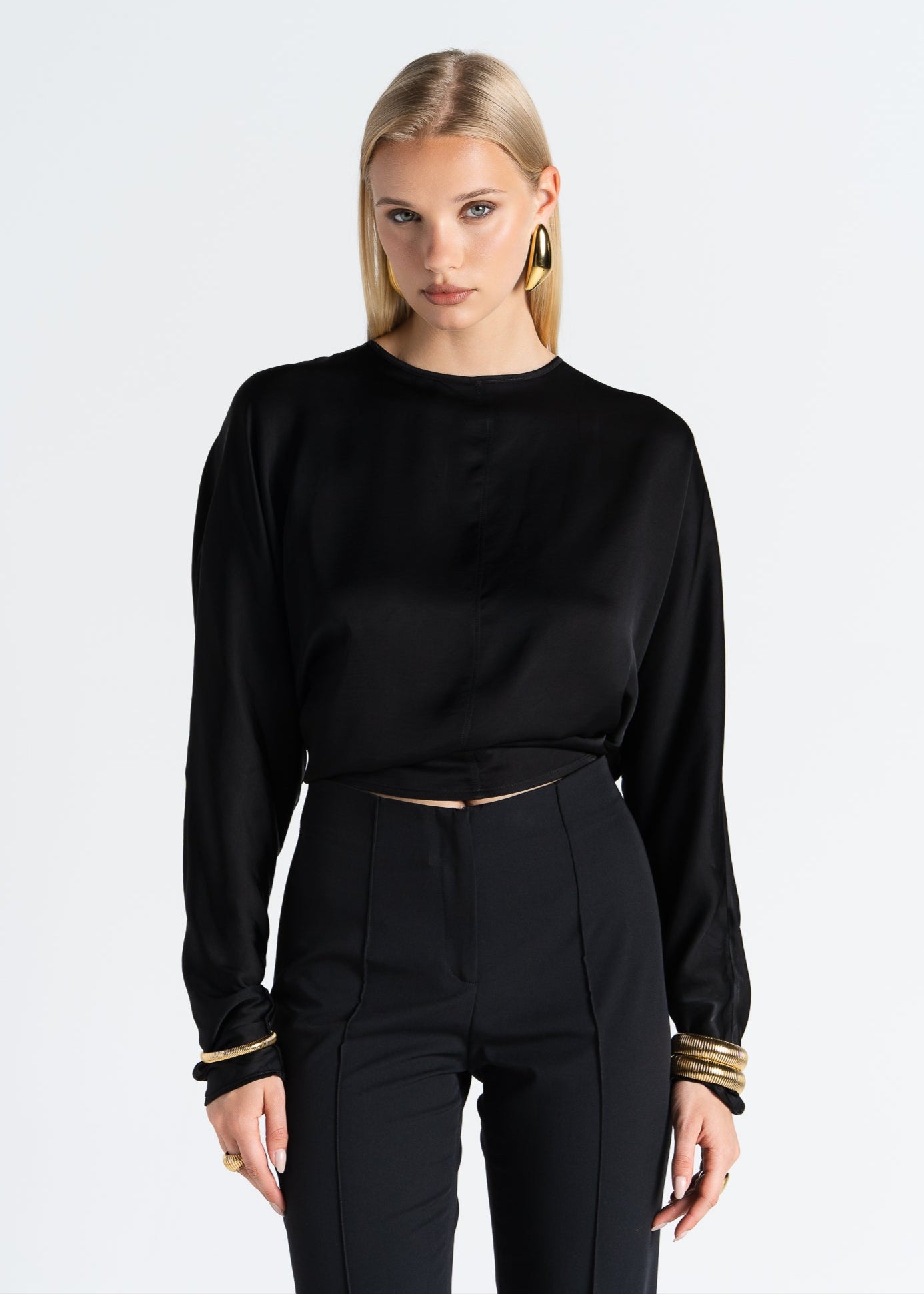 Halo Long Sleeve Satin Blouse - Black