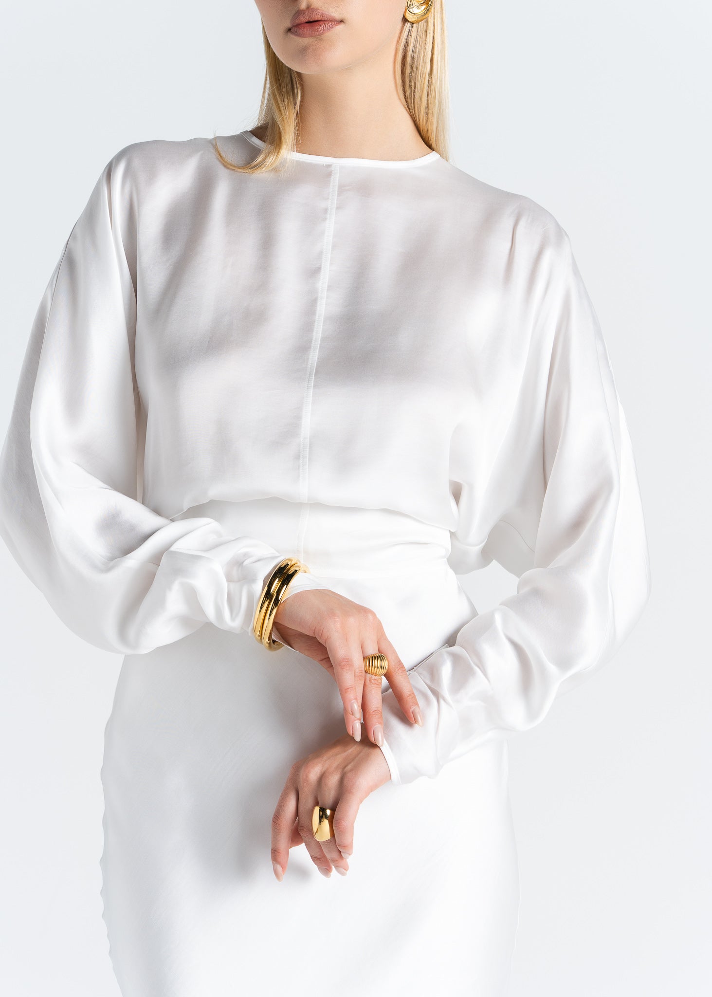 Halo Long Sleeve Satin Blouse - White