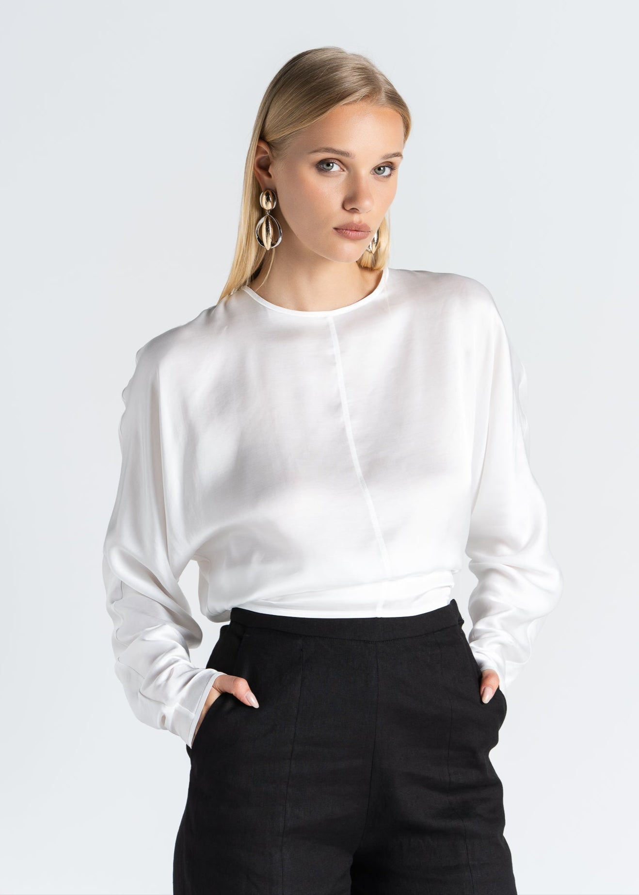 Halo Long Sleeve Satin Blouse - White