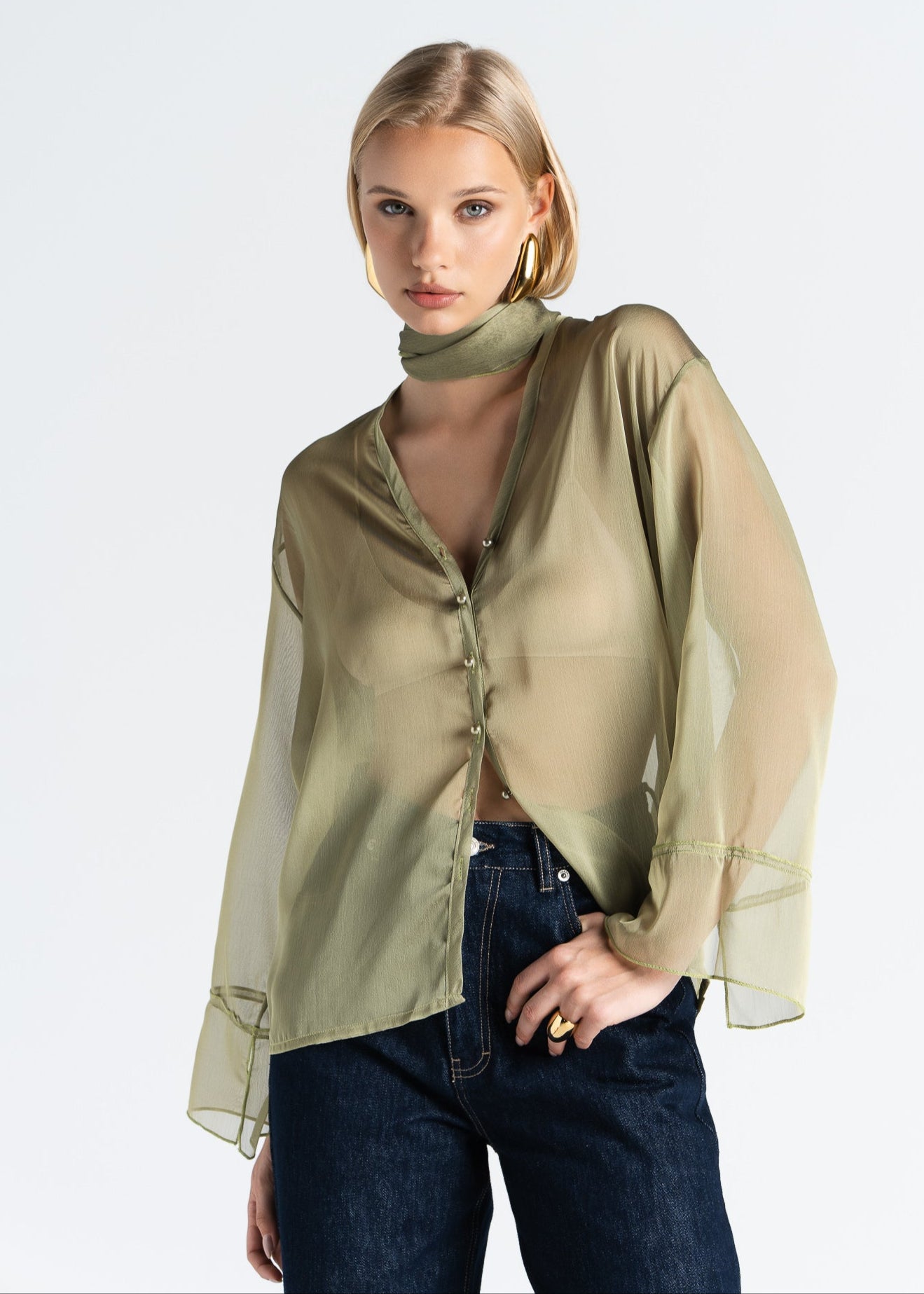 Haze Sheer Button-Up Blouse - Green