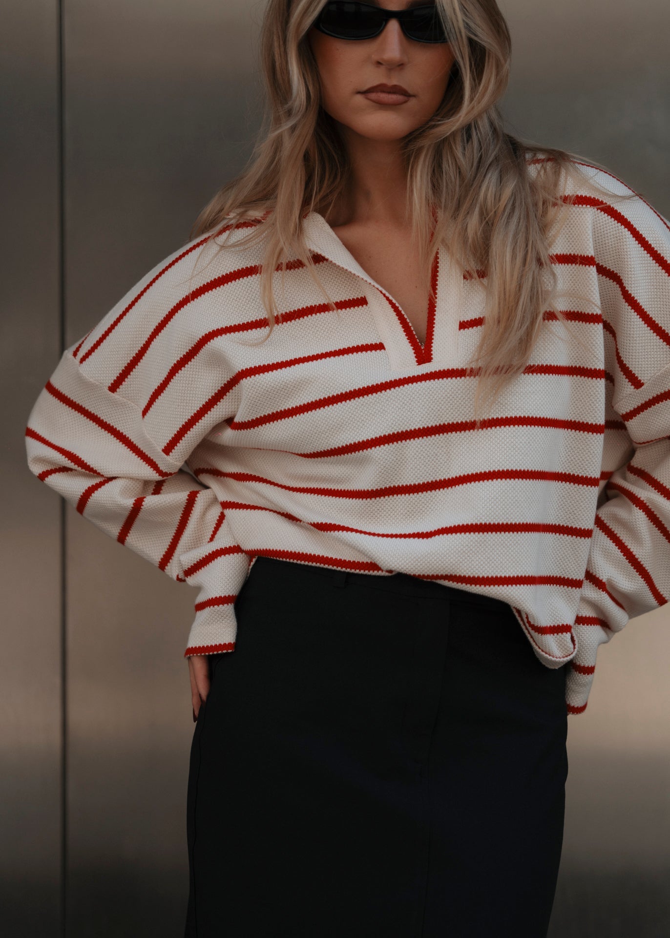 Mable Striped Polo Sweater - Cream & Red