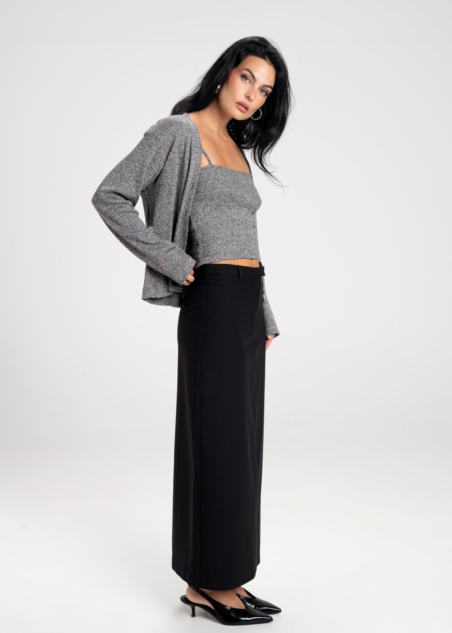 Keanu Tailored Mid-Waist Midi Skirt - Black