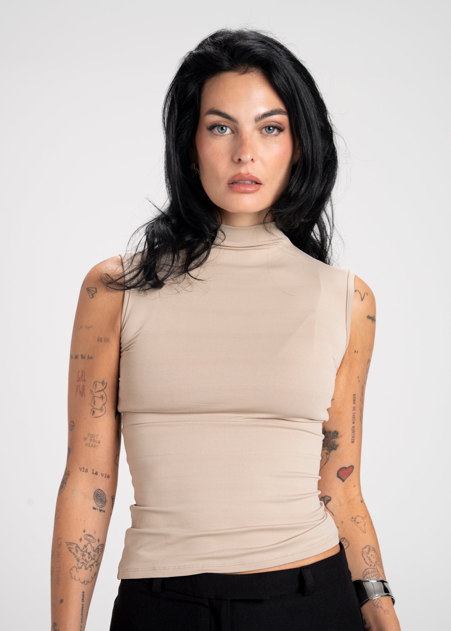 Petra Fitted High-Neck Top - Beige