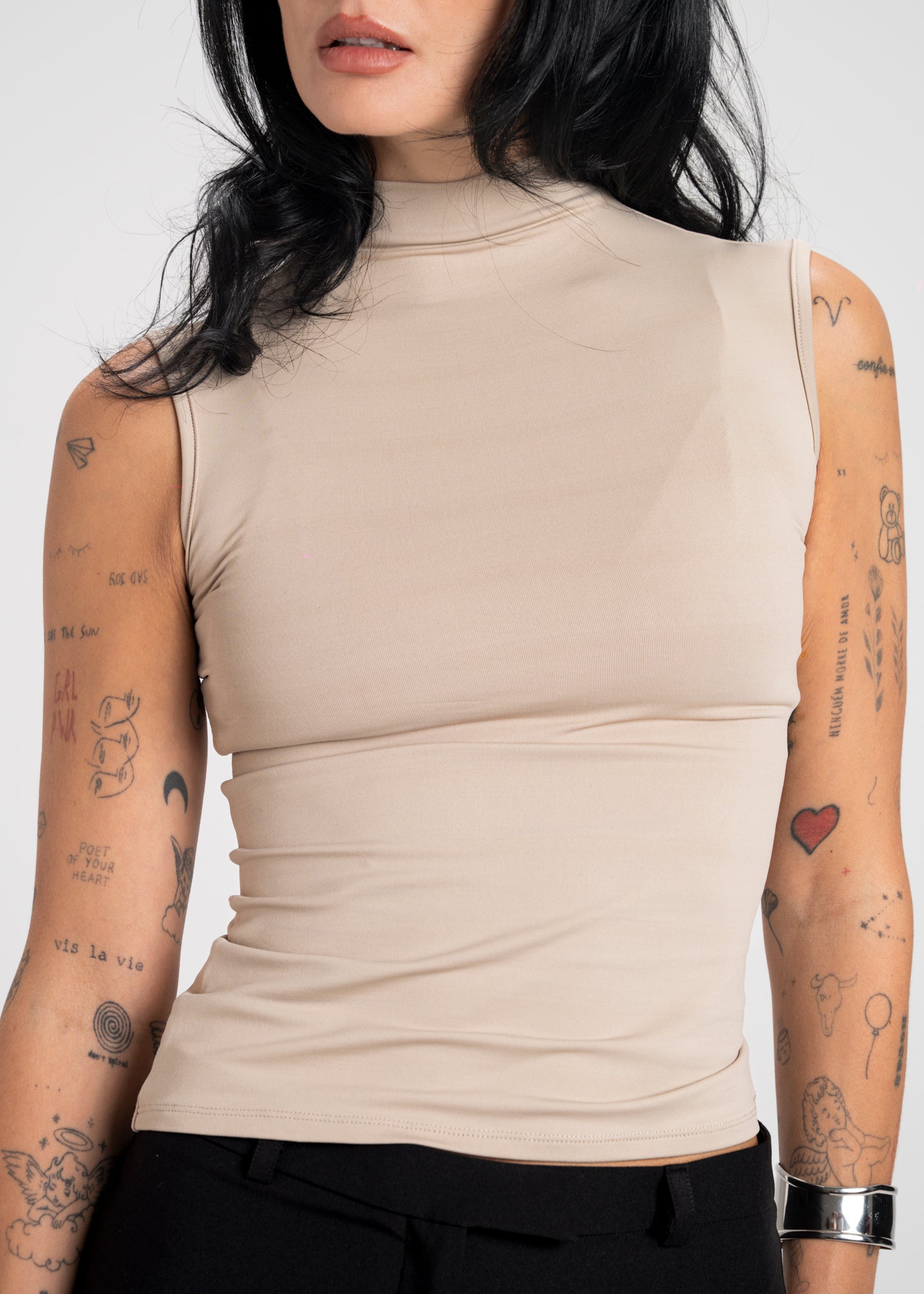 Petra Fitted High-Neck Top - Beige