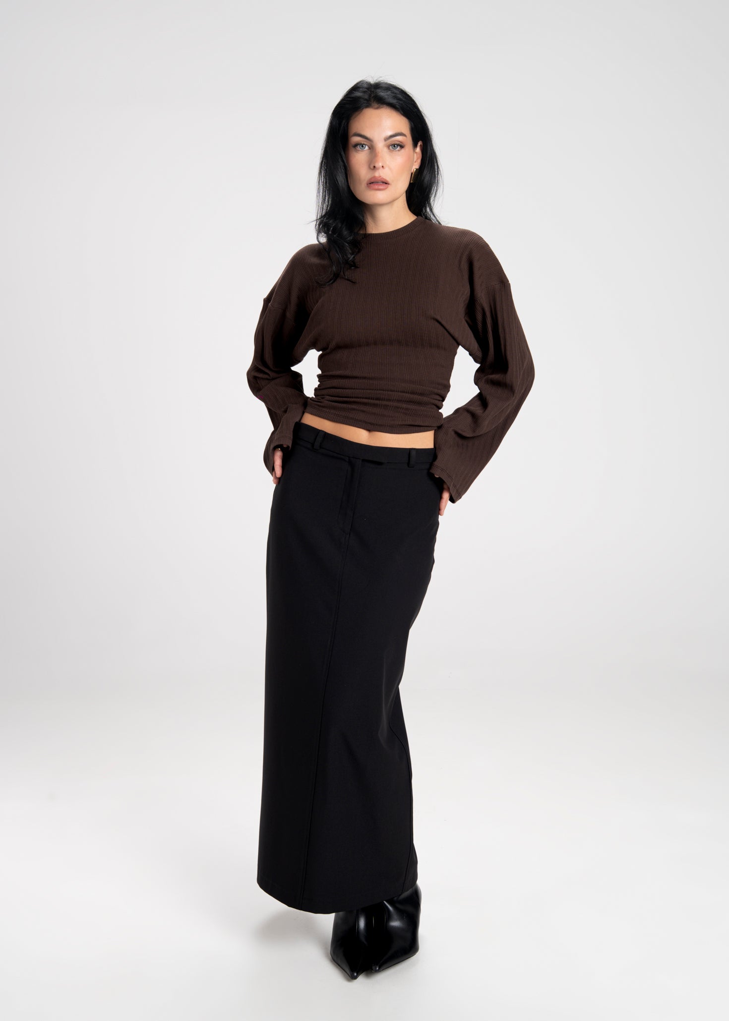 Espresso Fitted Long Sleeve Blouse - Brown
