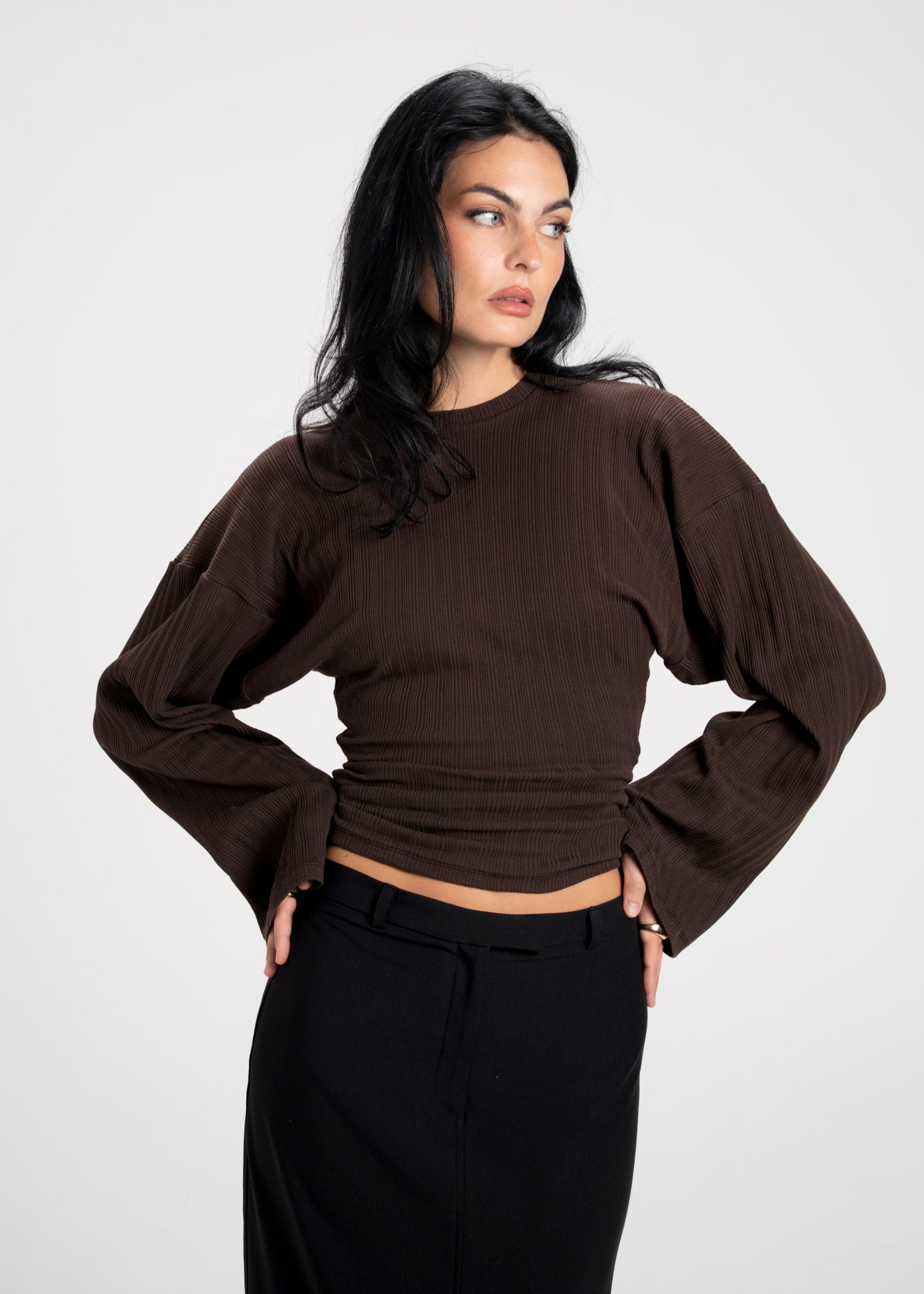 Espresso Fitted Long Sleeve Blouse - Brown