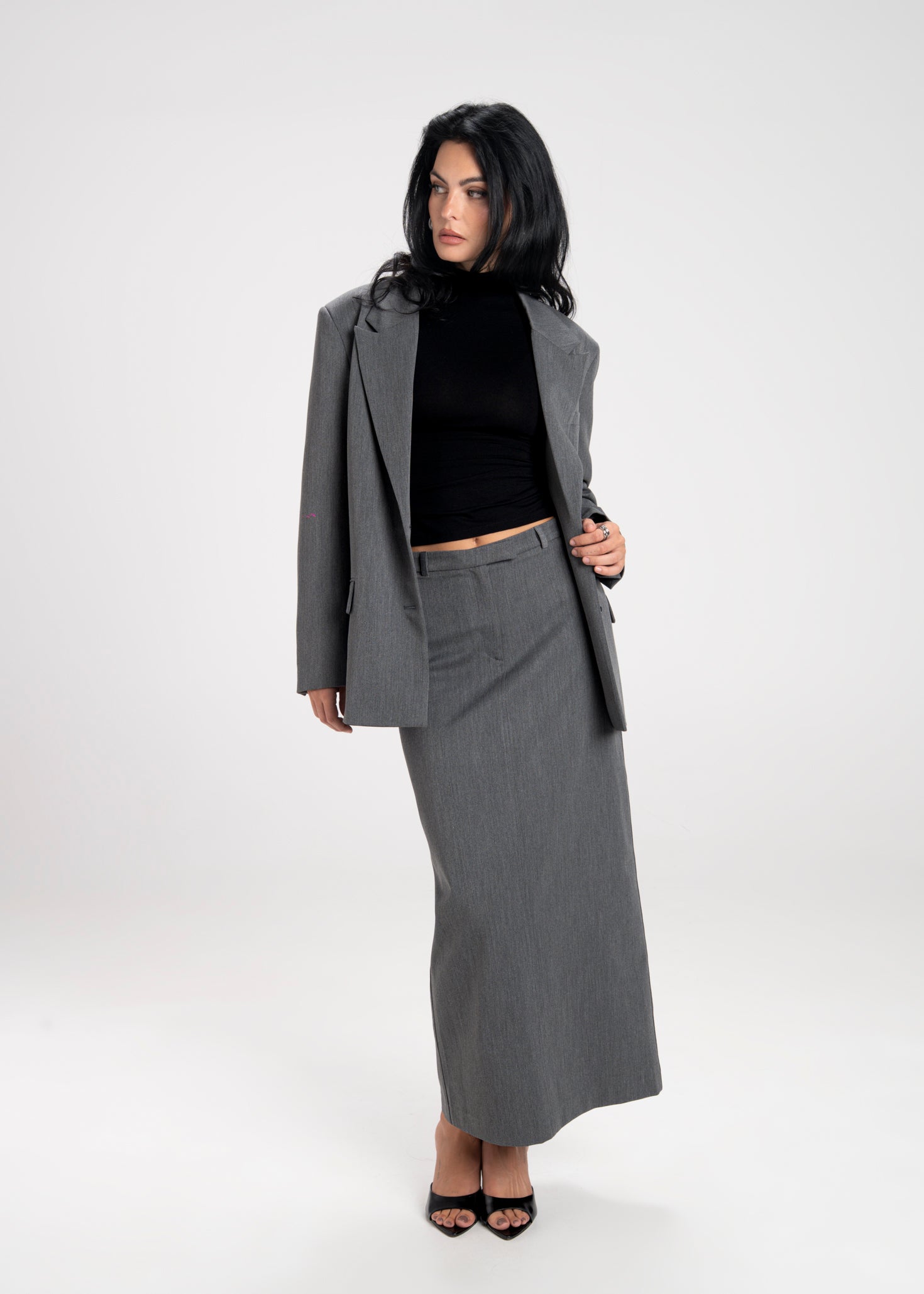 Keanu Tailored Mid-Waist Midi Skirt - Grey