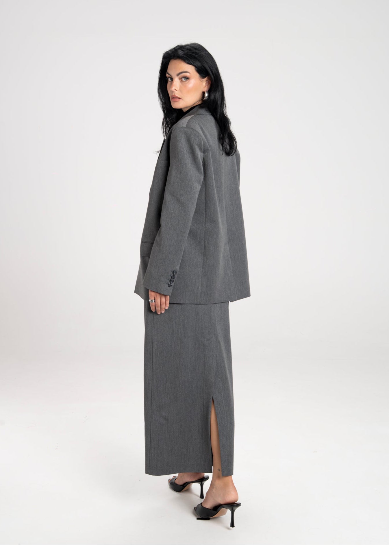 Keanu Tailored Mid-Waist Midi Skirt - Grey