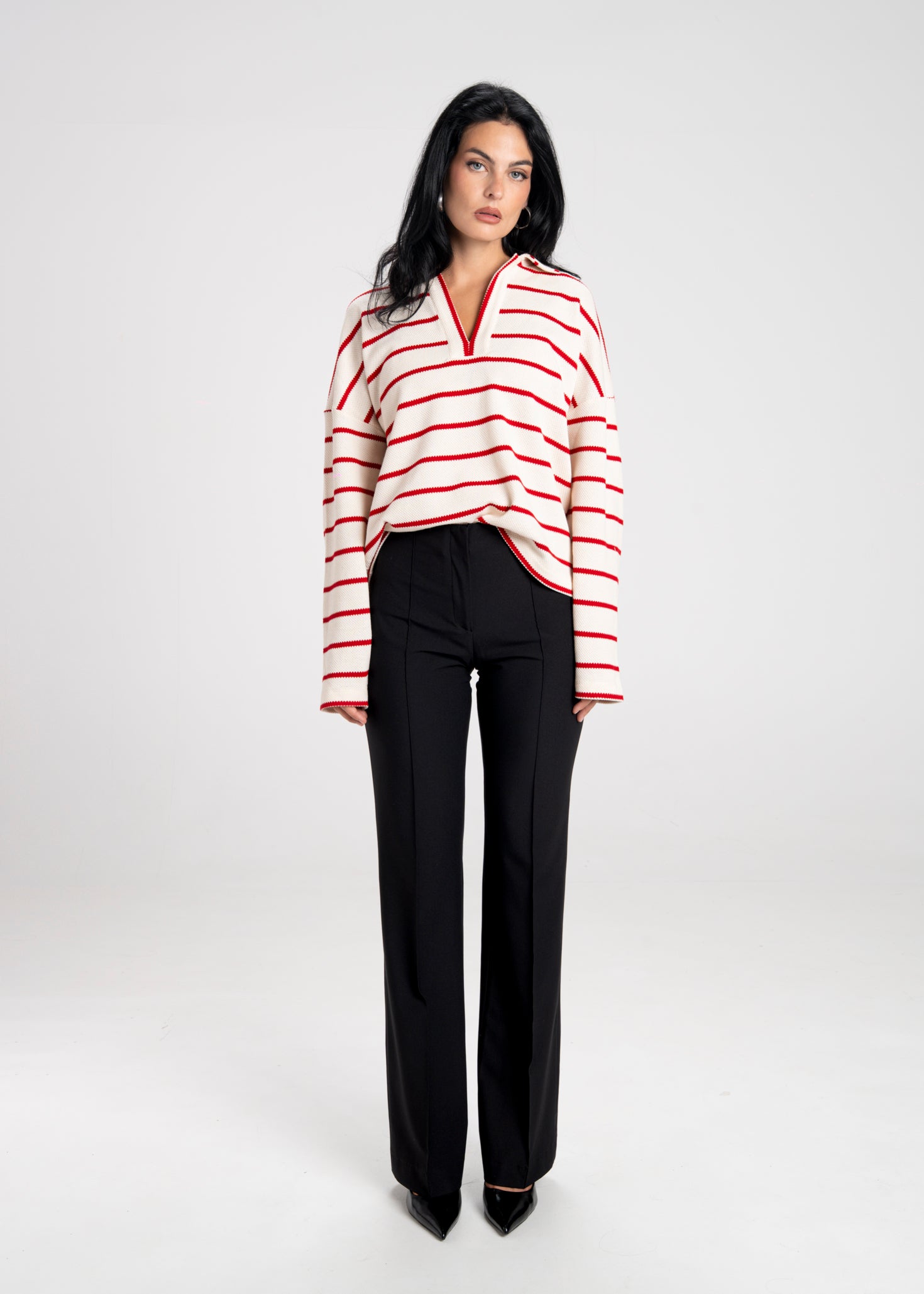 Mable Striped Polo Sweater - Cream & Red