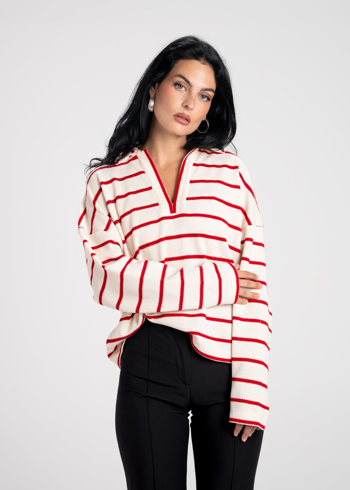 Mable Striped Polo Sweater - Cream & Red