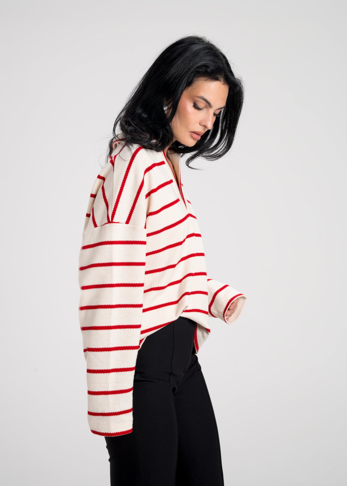 Mable Striped Polo Sweater - Cream & Red