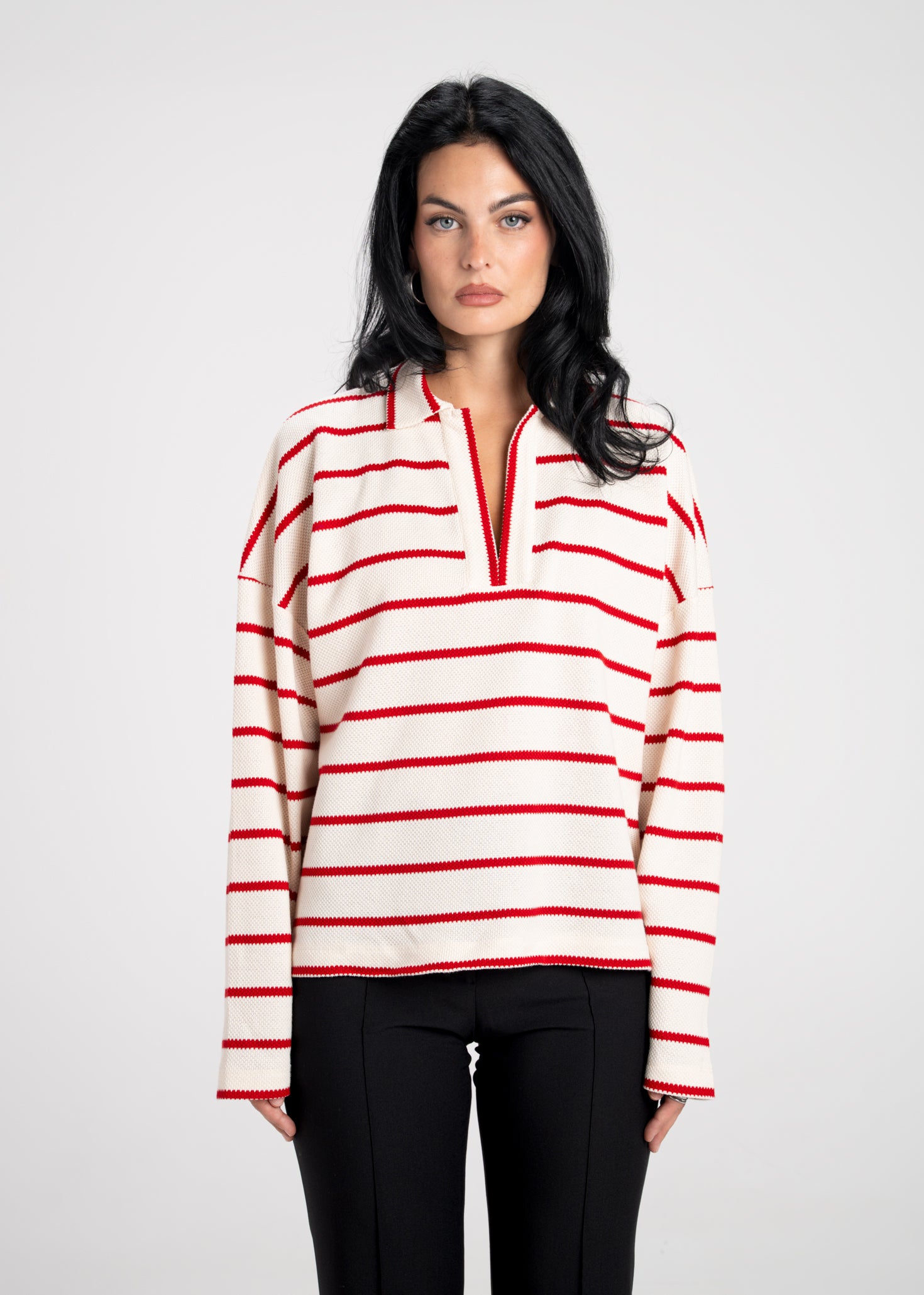 Mable Striped Polo Sweater - Cream & Red