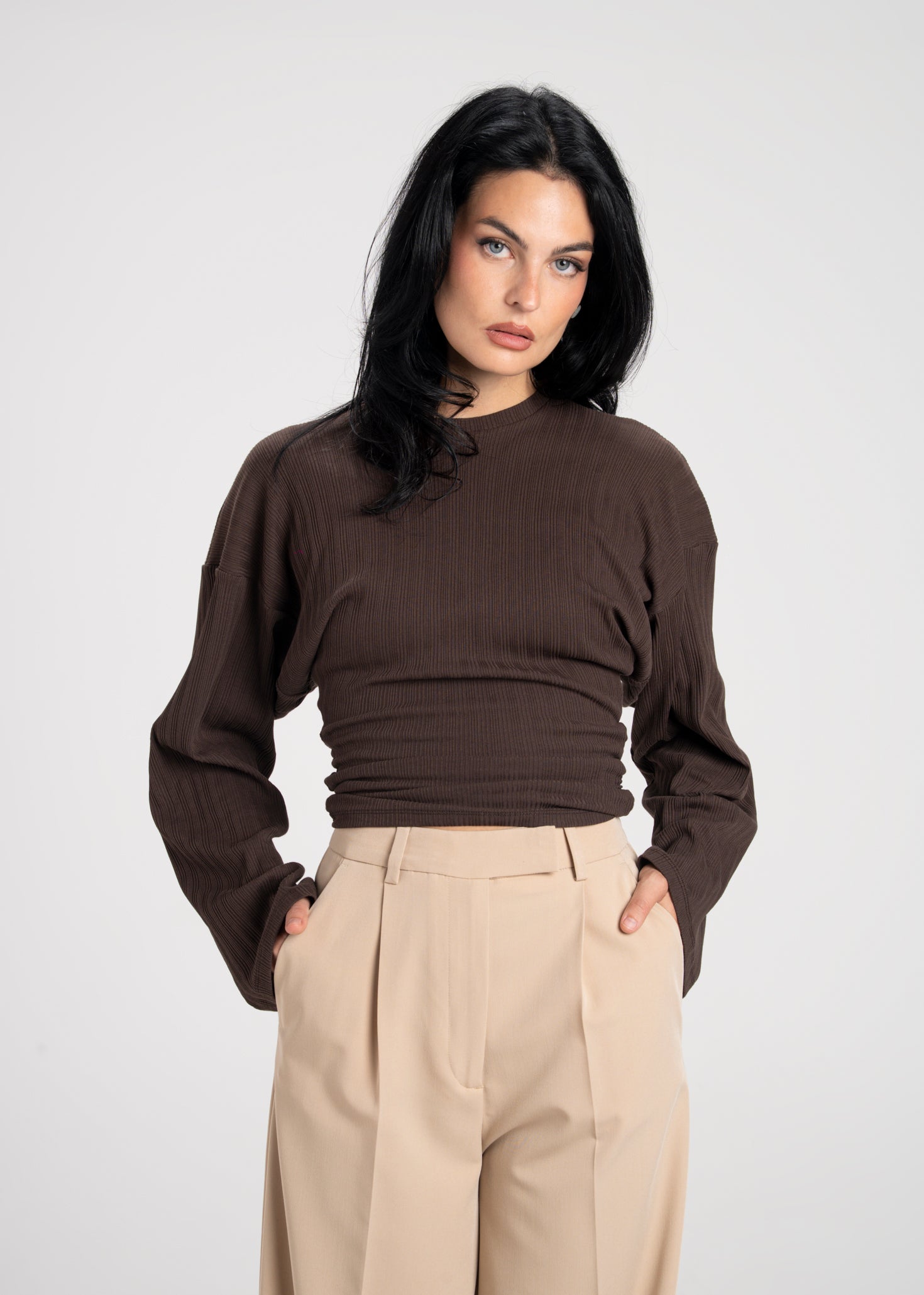 Espresso Fitted Long Sleeve Blouse - Brown