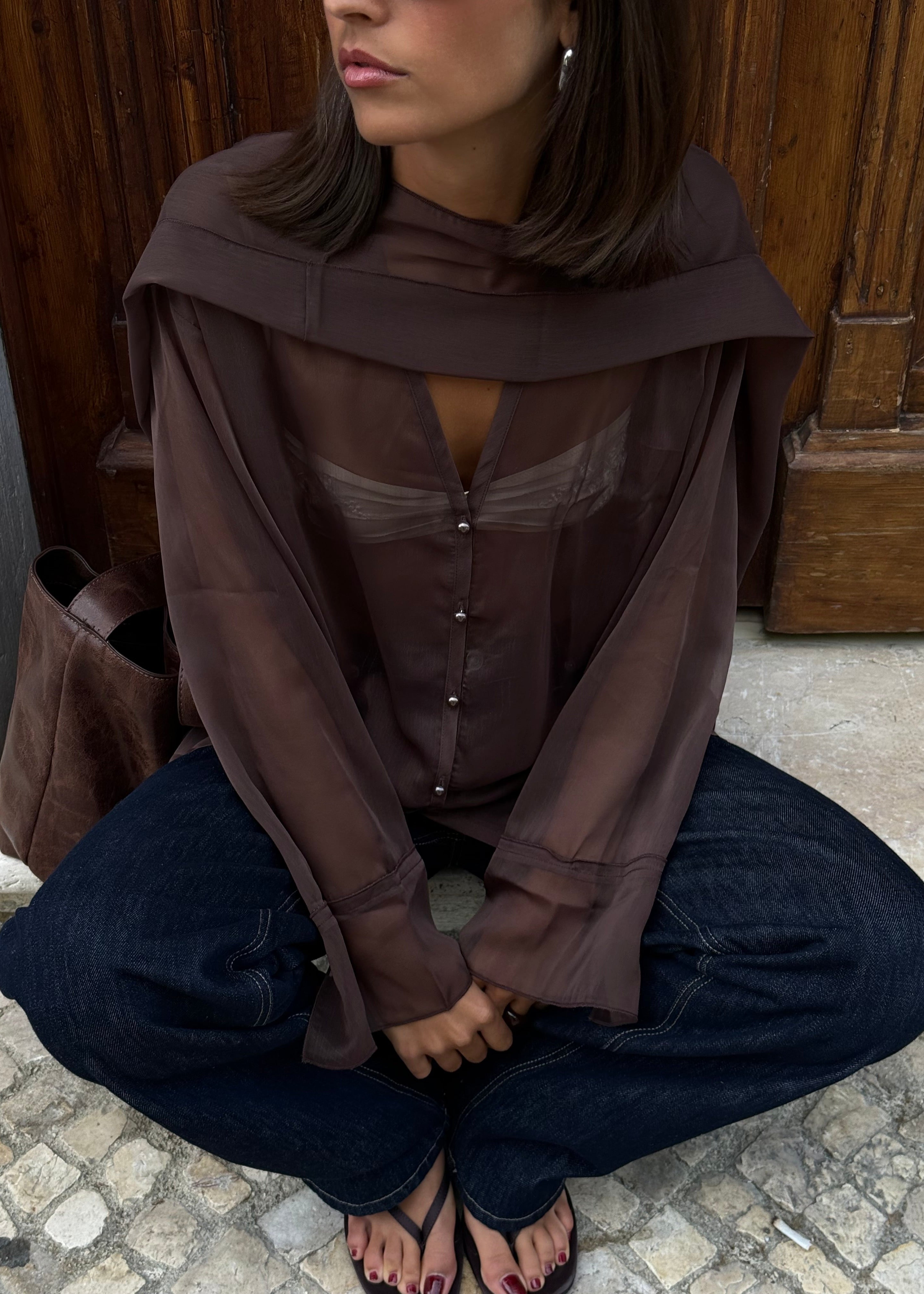 Haze Sheer Button-Up Blouse- Brown