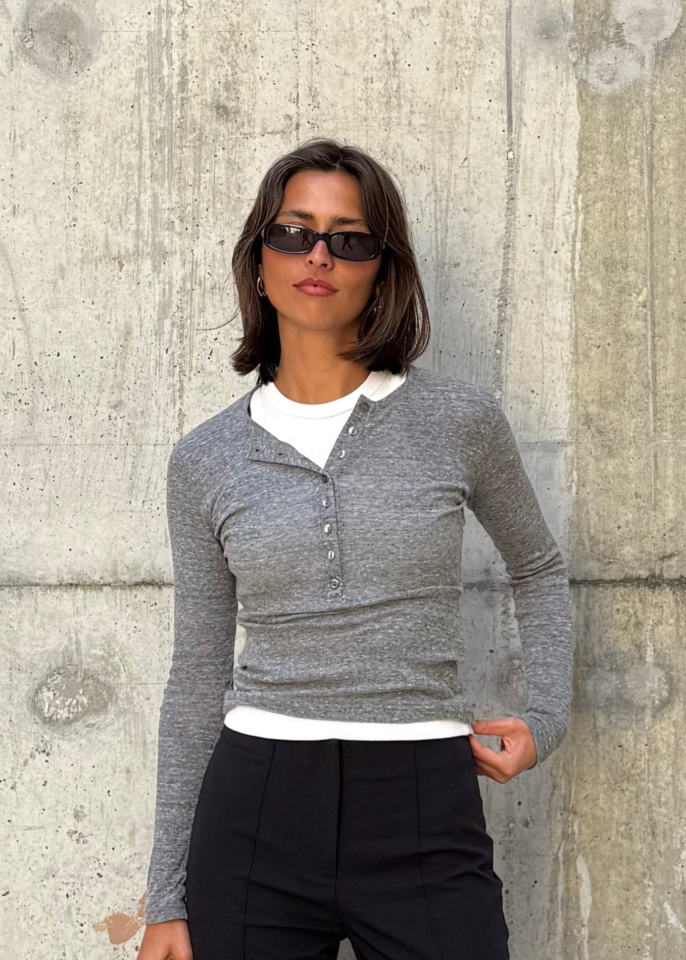 Reese Henley Long Sleeve Top - Grey