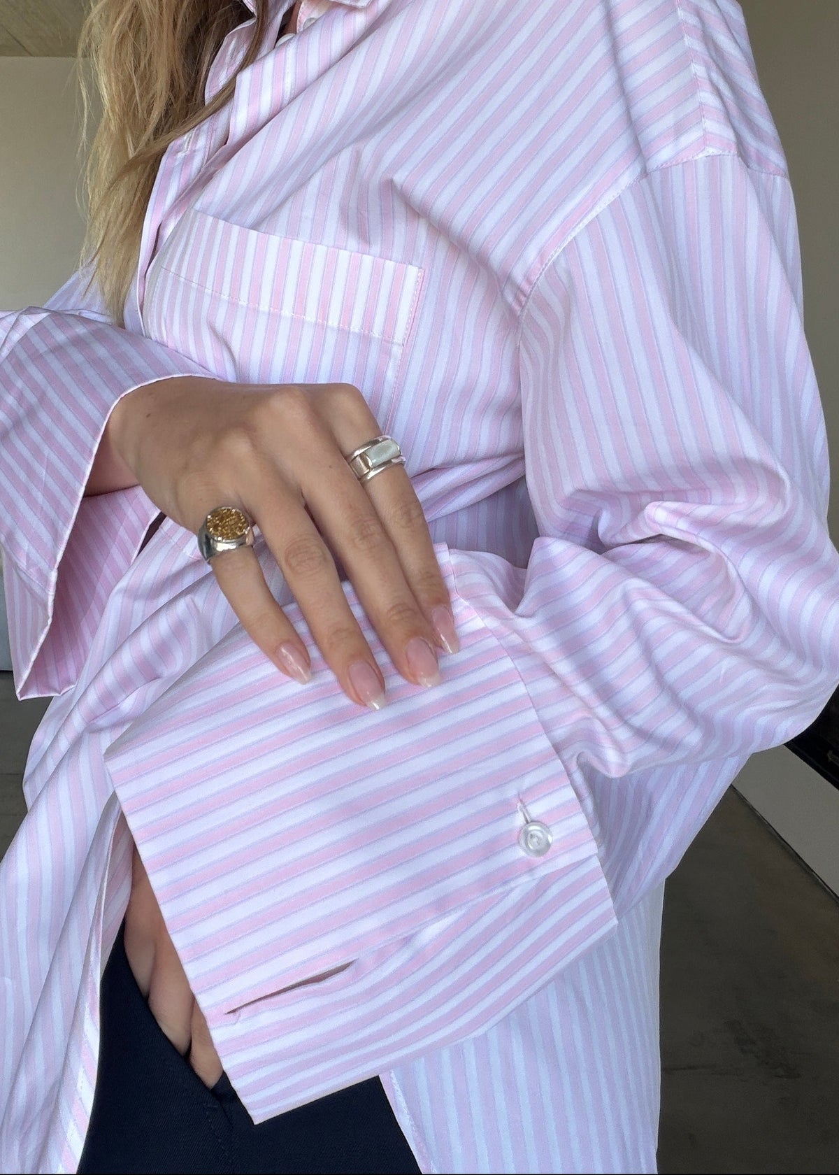 Gia Wide Cuff Cotton Shirt - Pink White & Blue Stripes