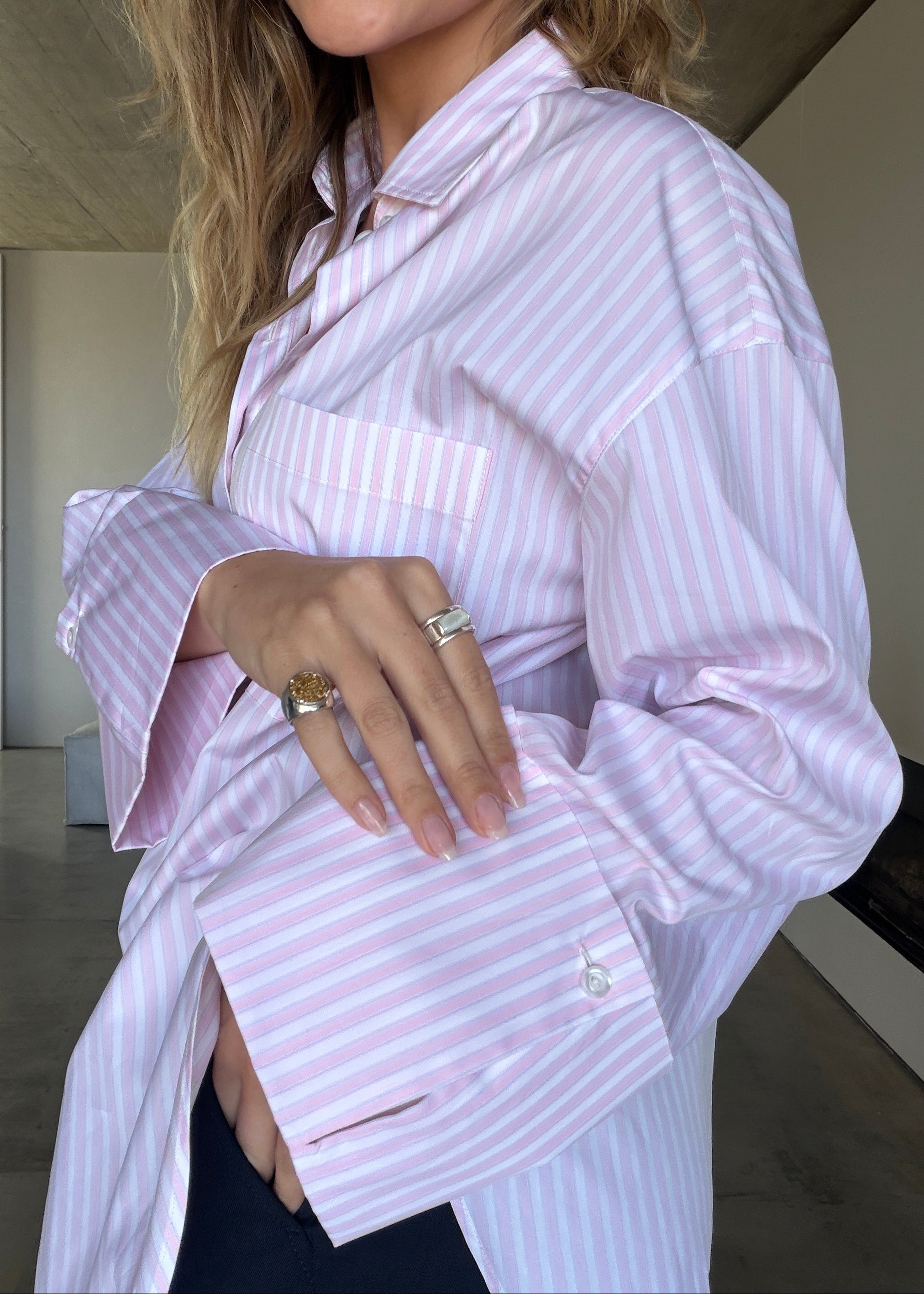 Gia Wide Cuff Cotton Shirt - Pink & White