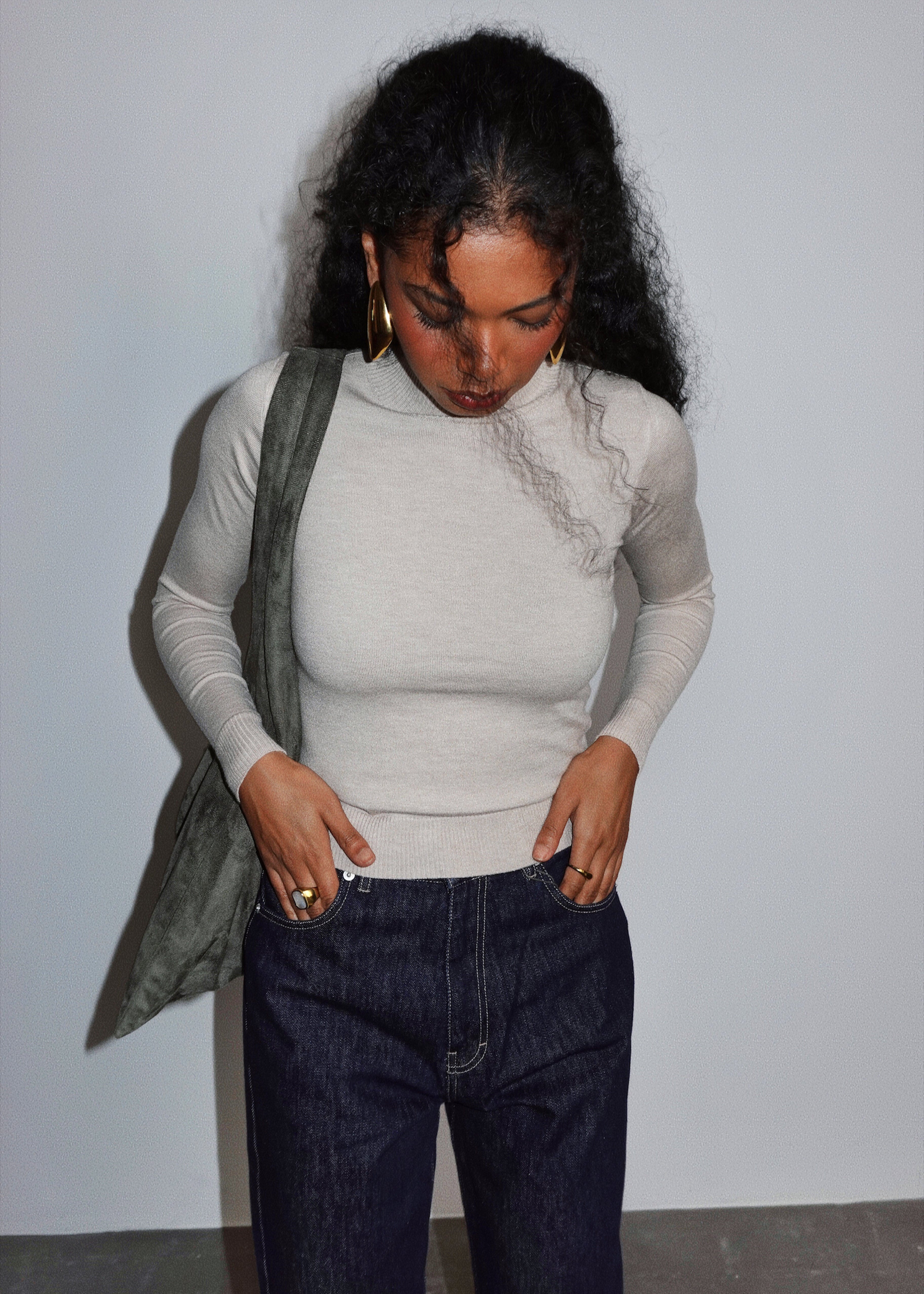 2nd Skin Knitted Mid-Neck Sweater - Beige