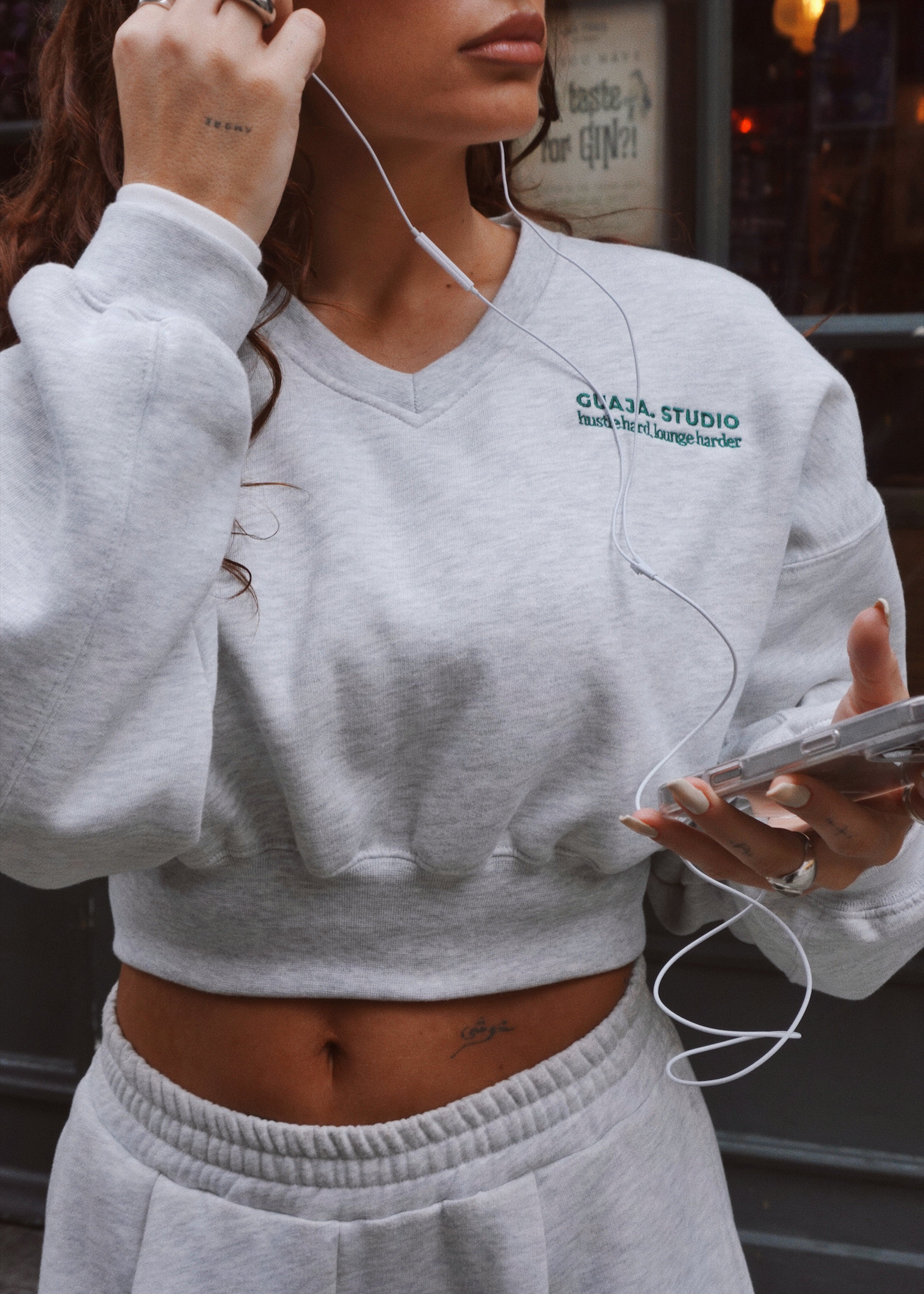 Comfort Fleece V-Neck Cropped Sweater - Grey