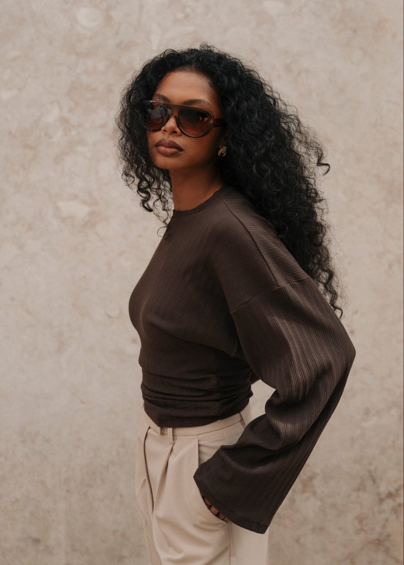 Espresso Fitted Long Sleeve Blouse - Brown