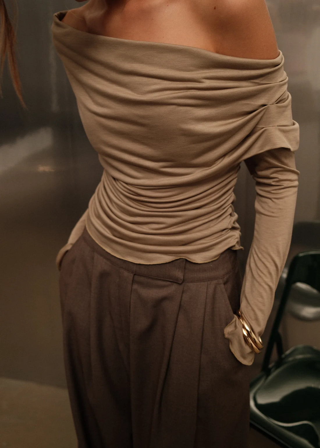 Rose Draped Off-Shoulder Top - Latte