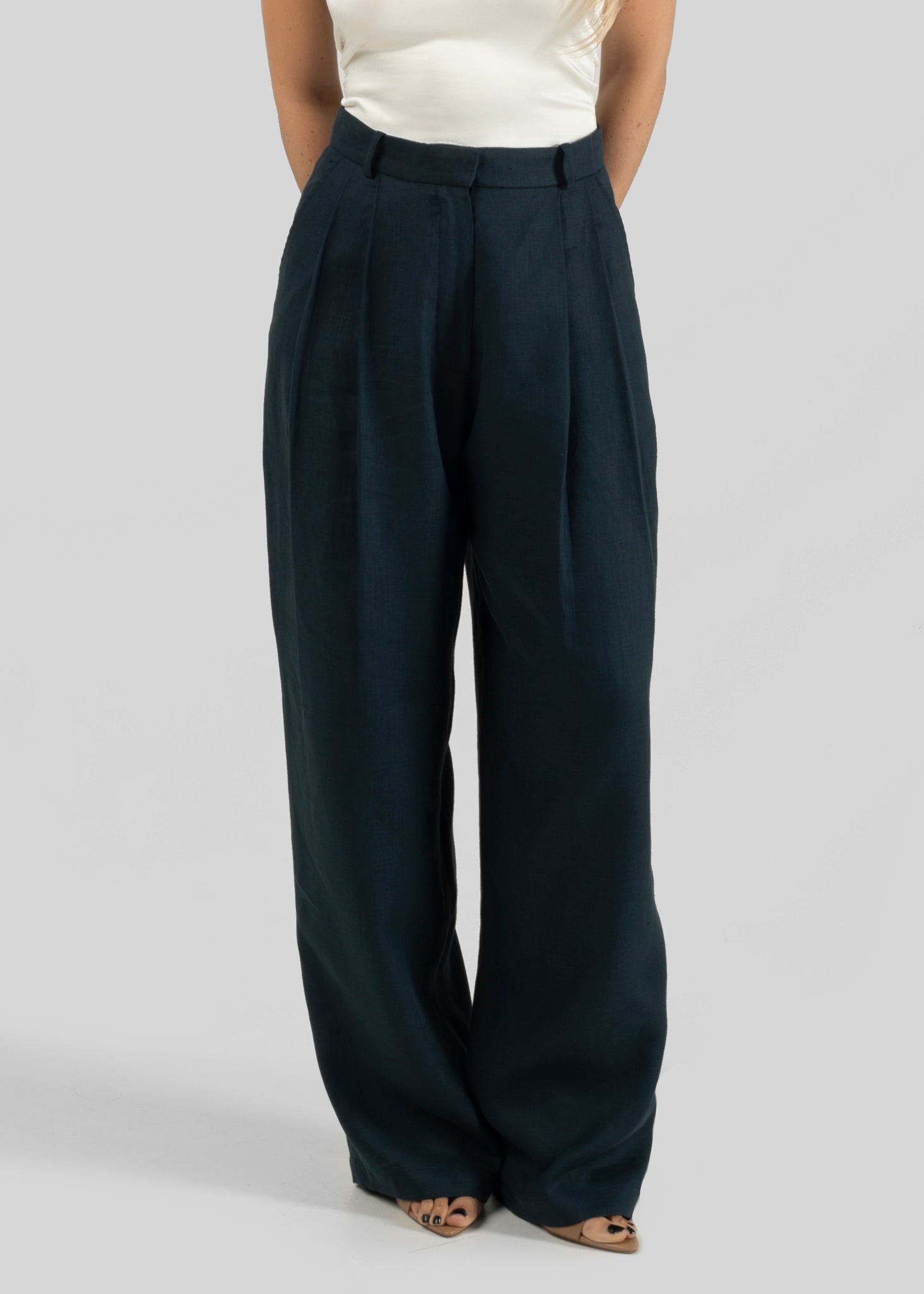 Chloe Linen Barrel Leg Tailored Trousers - Navy Blue