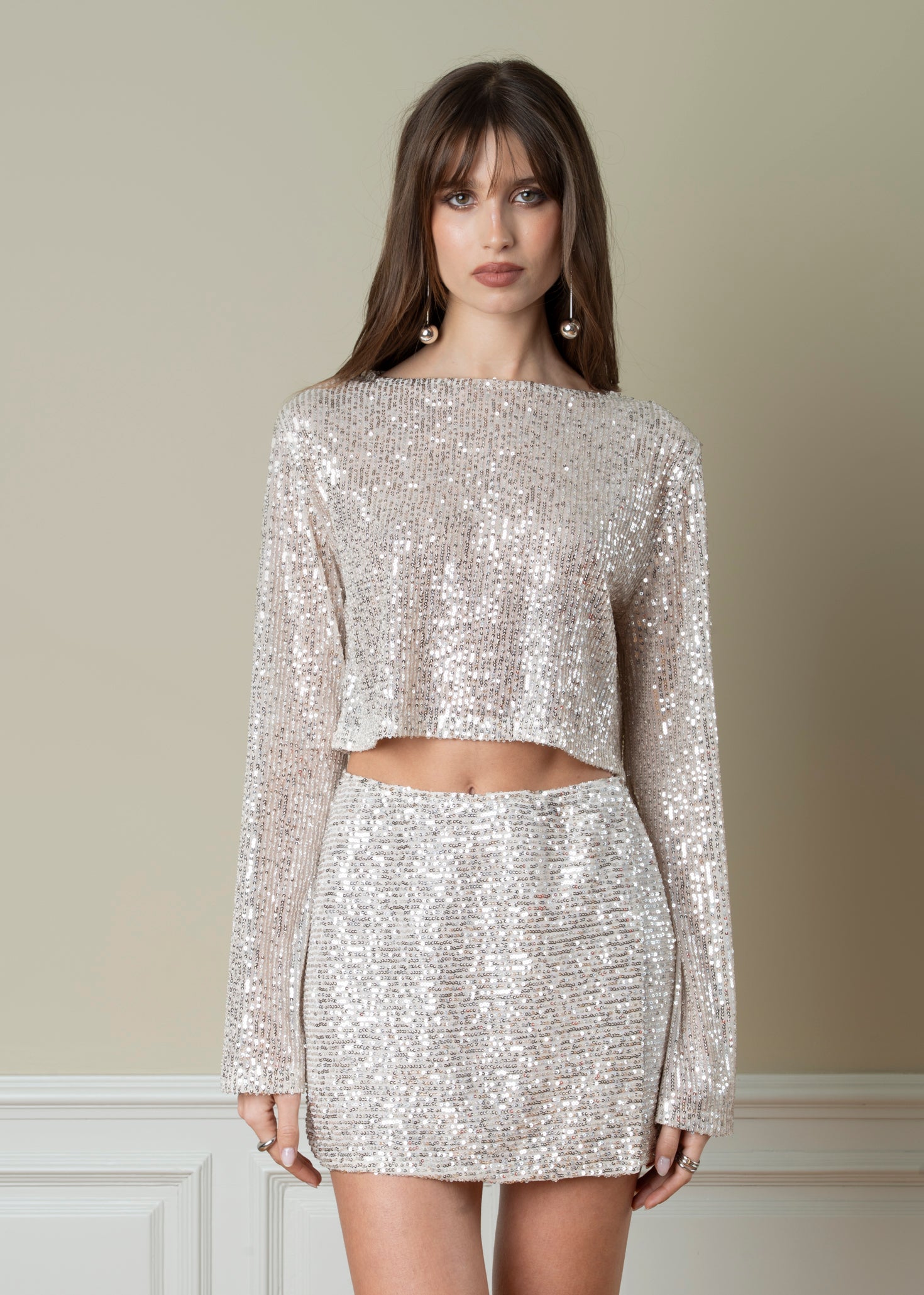 Rue Sequin Cropped Long Sleeve - Champagne