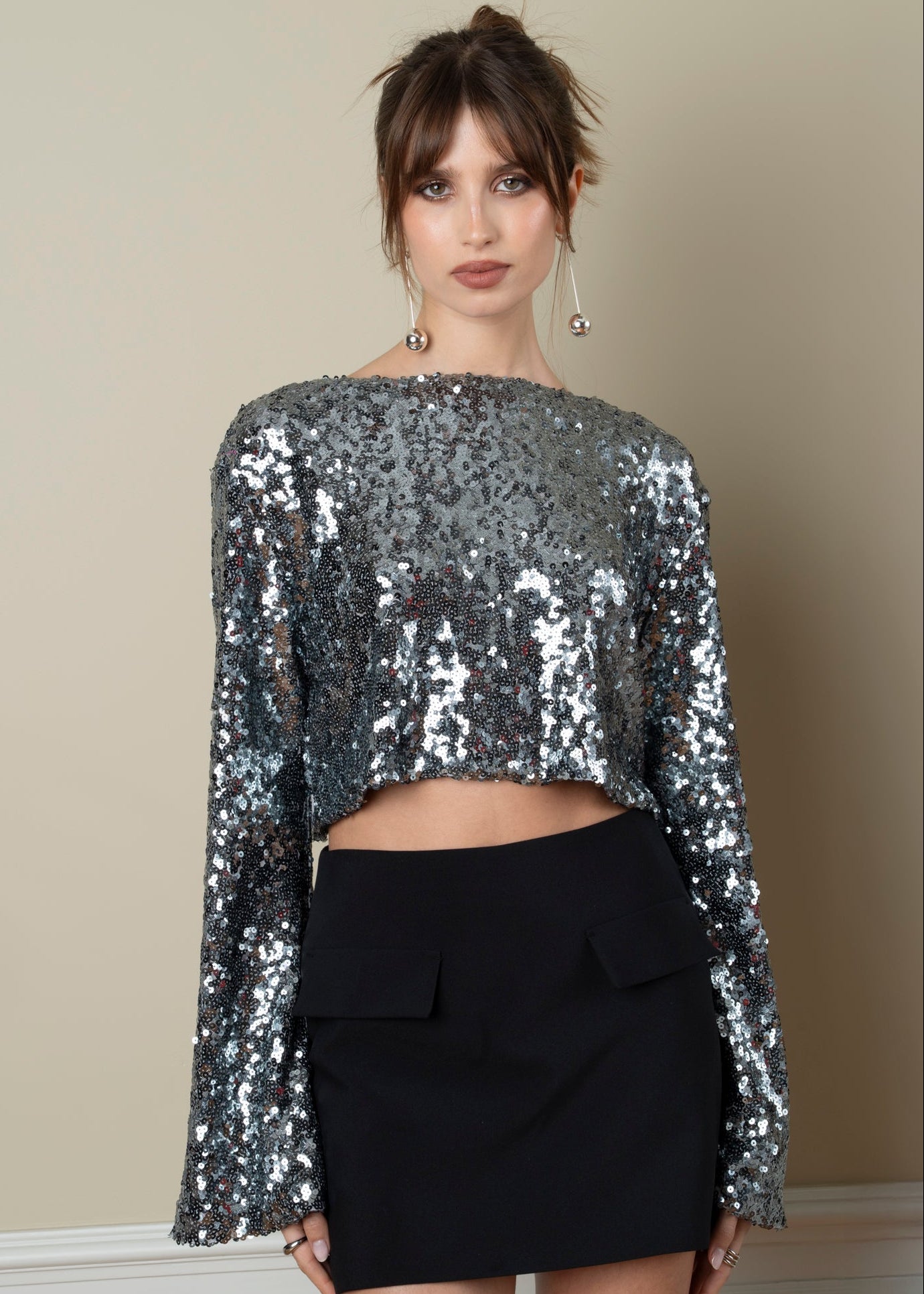 Rue Sequin Cropped Long Sleeve - Dark Sage Green
