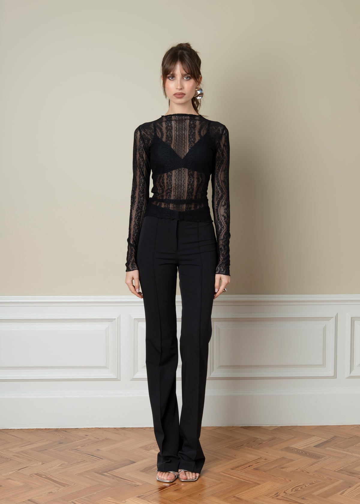 Noir Lace Long Sleeve Top - Black
