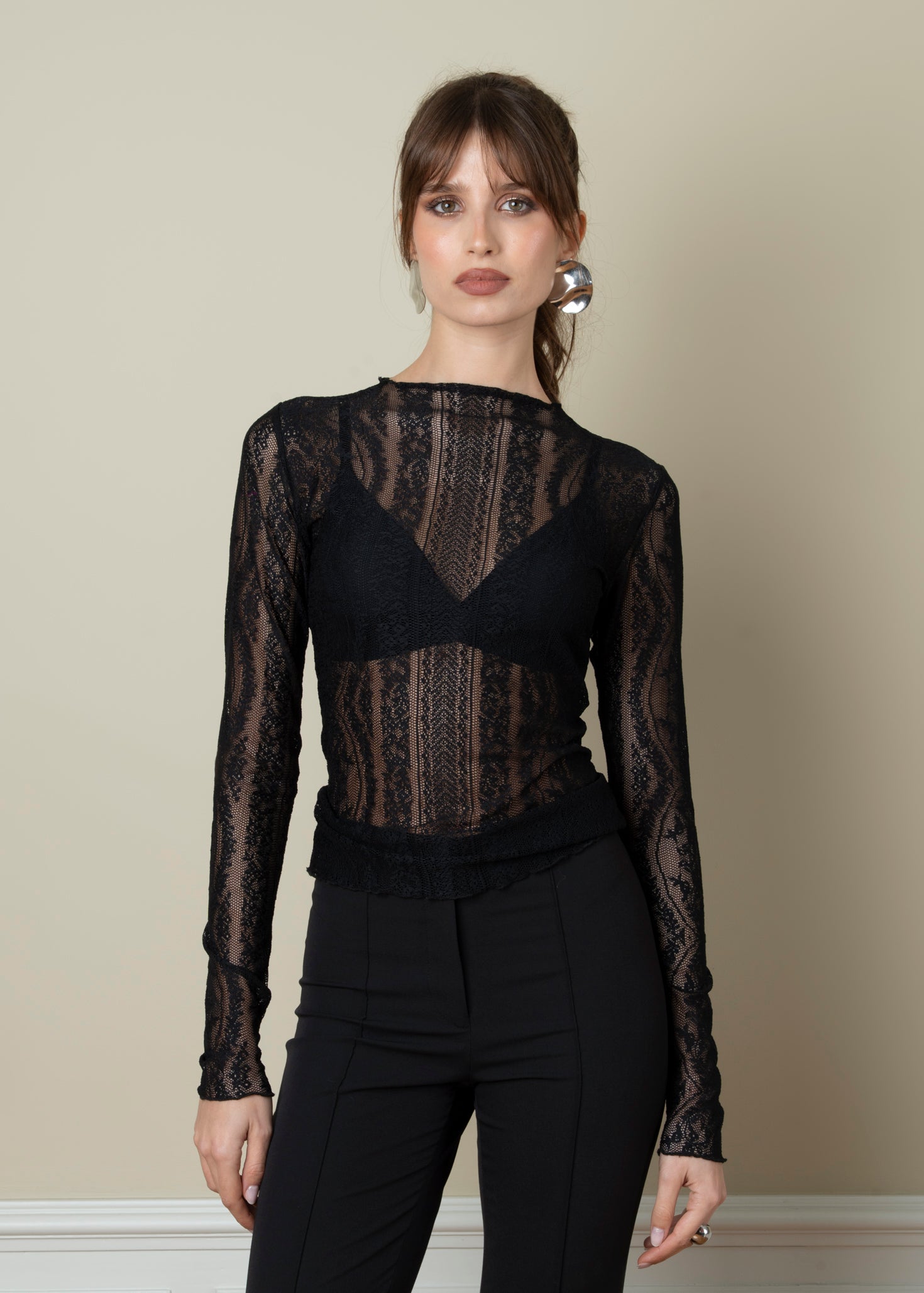 Noir Lace Long Sleeve Top - Black