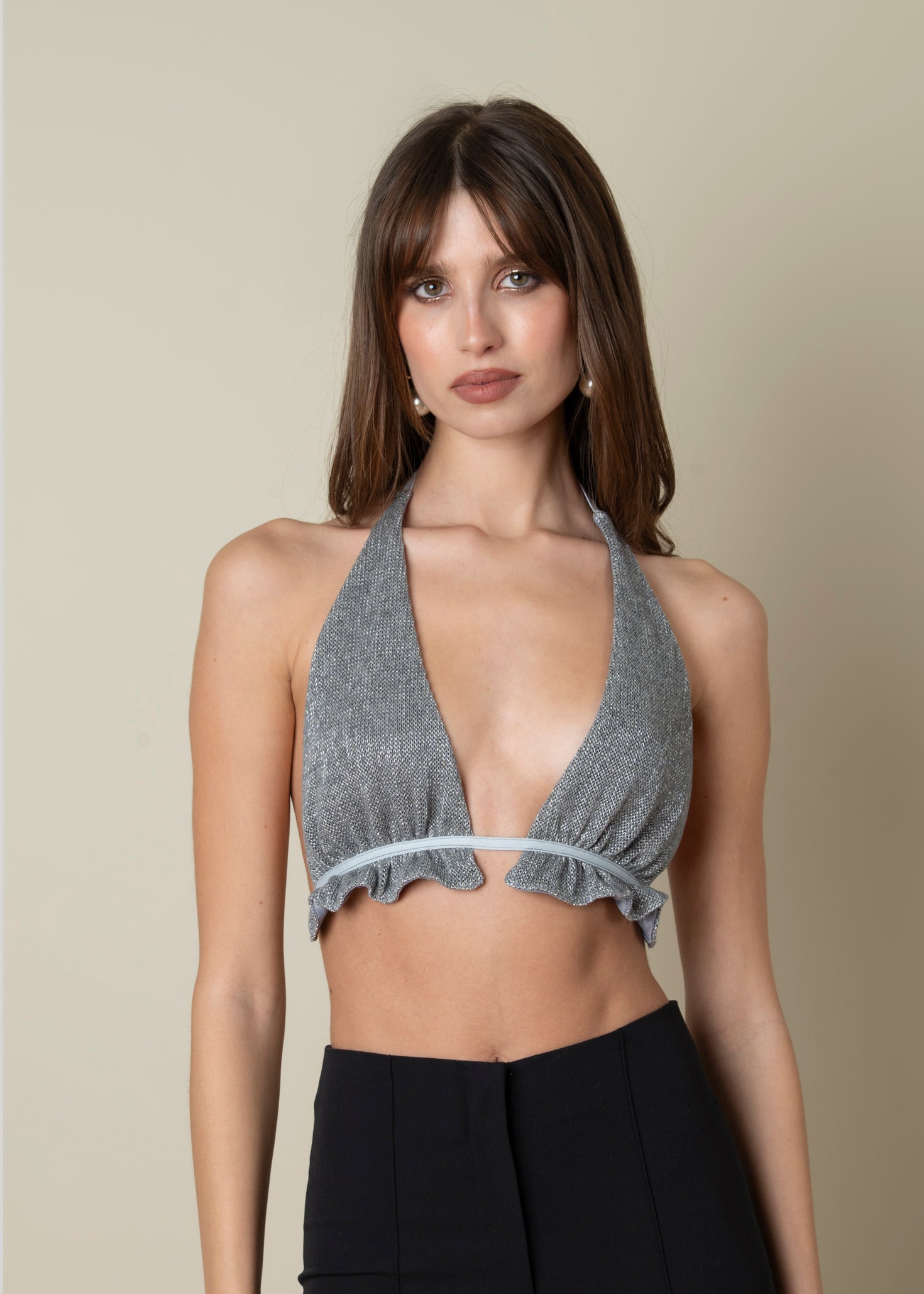 Chain Shimmer Backless Halter Top – Silver