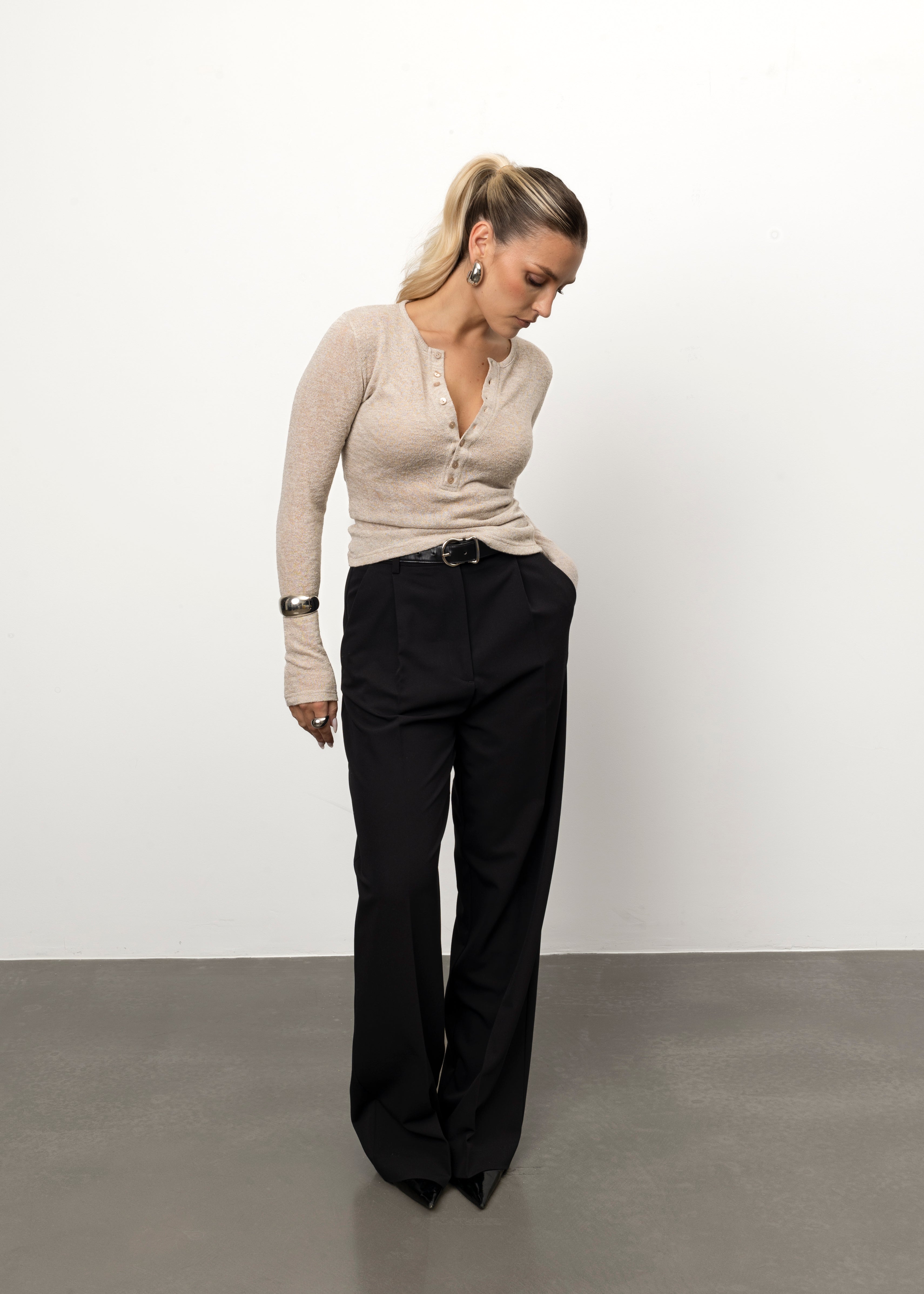 Reese Henley Long Sleeve Top - Beige