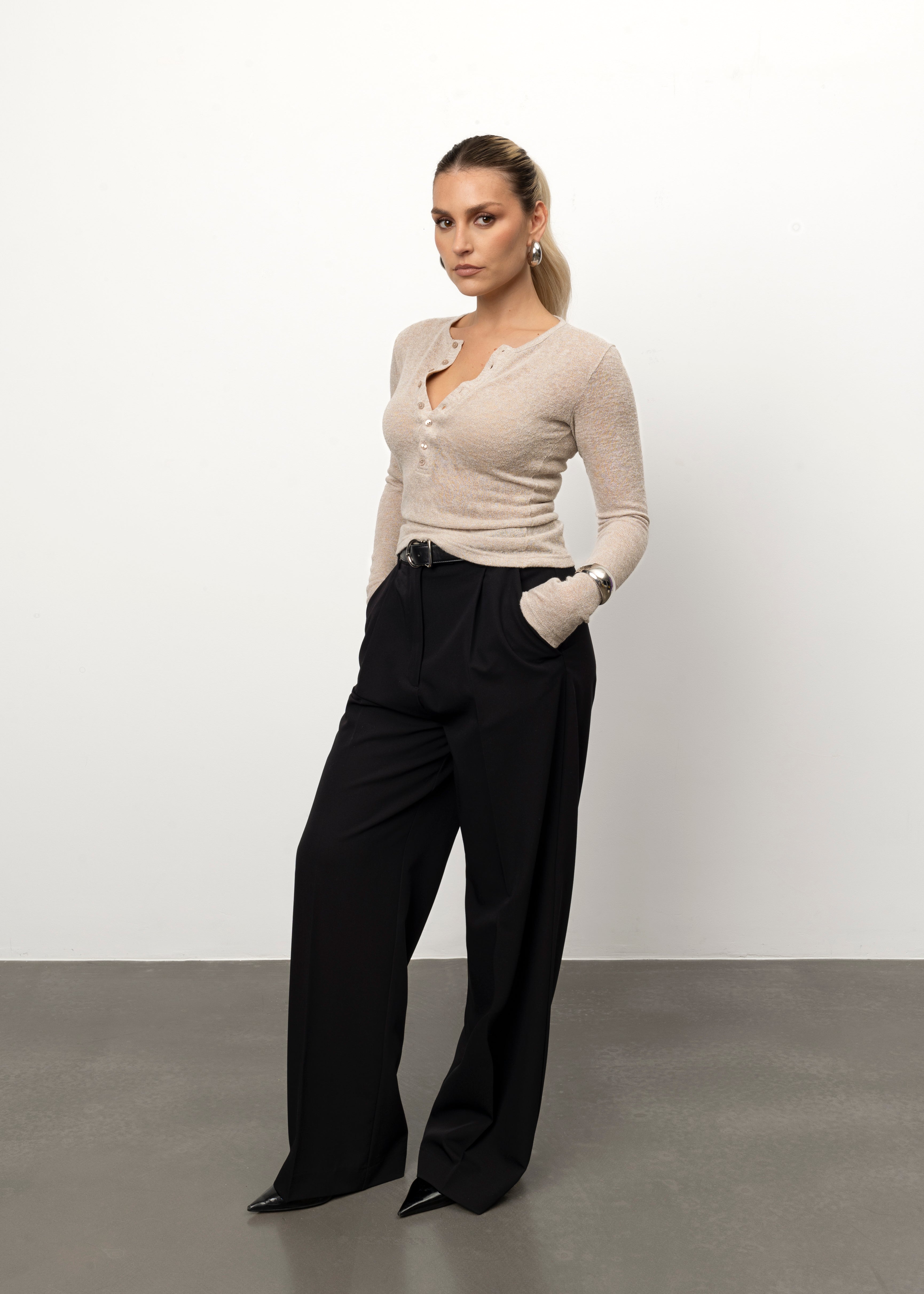 Reese Henley Long Sleeve Top - Beige