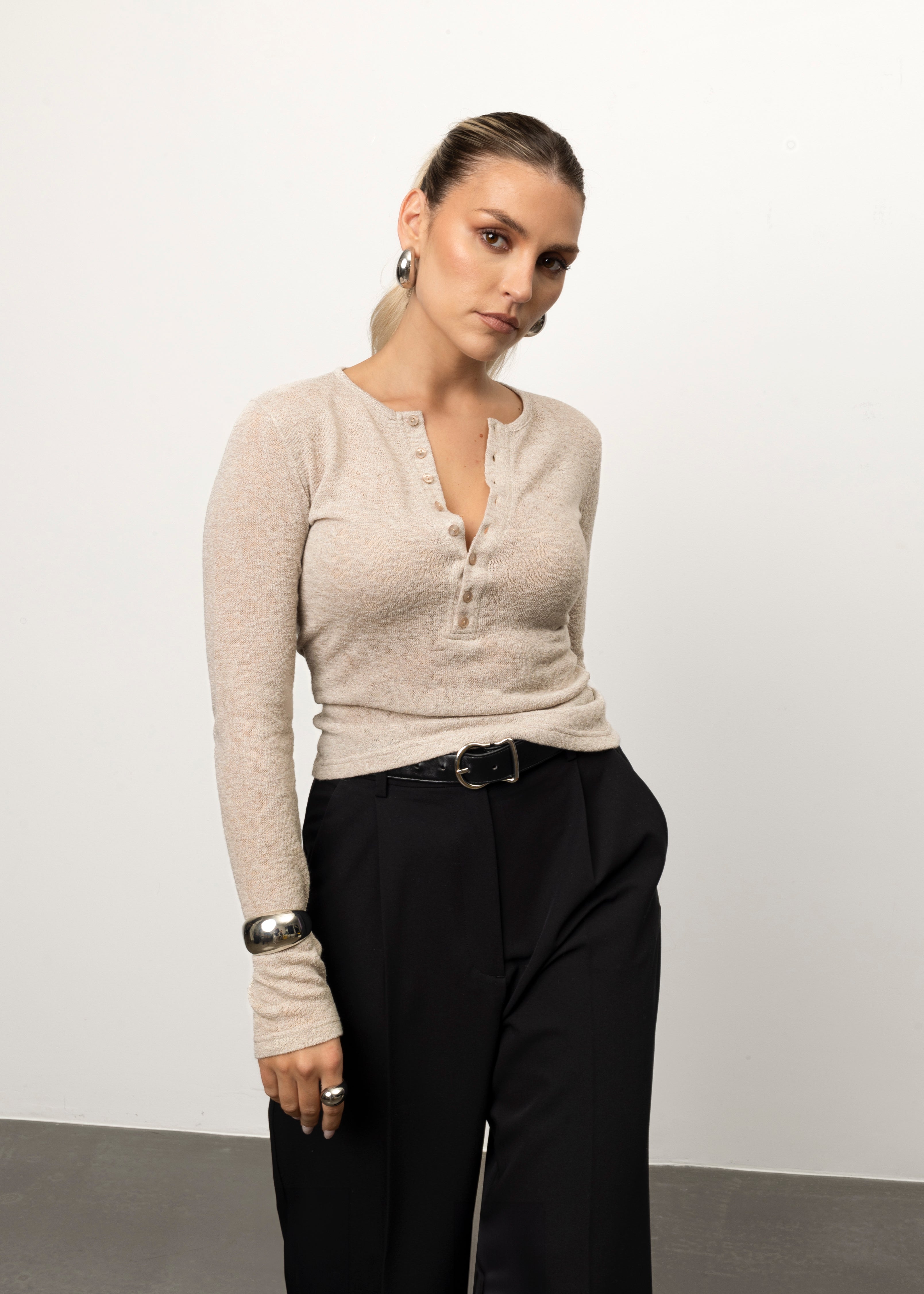 Reese Henley Long Sleeve Top - Beige