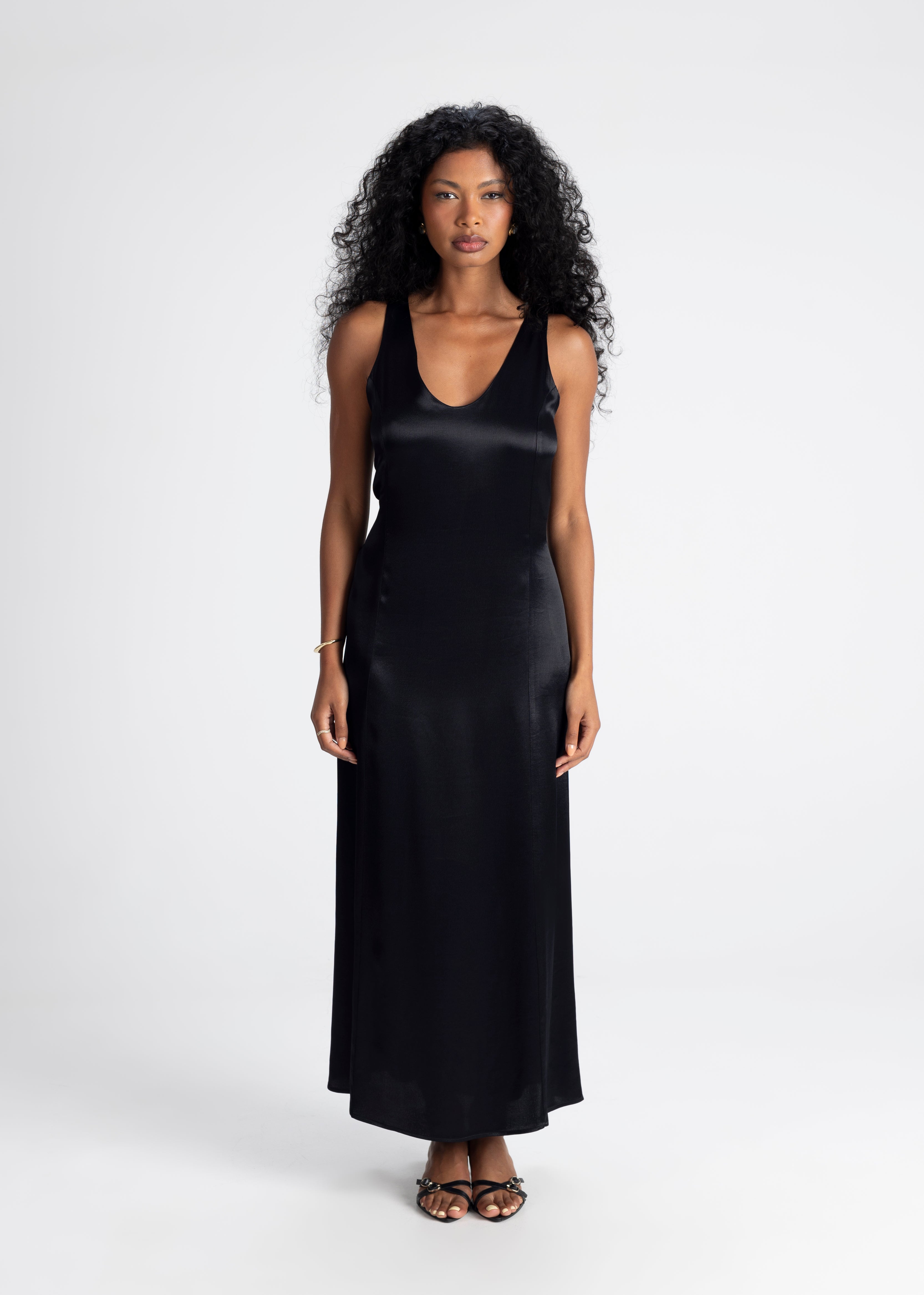 Elena Long Satin Dress - Black