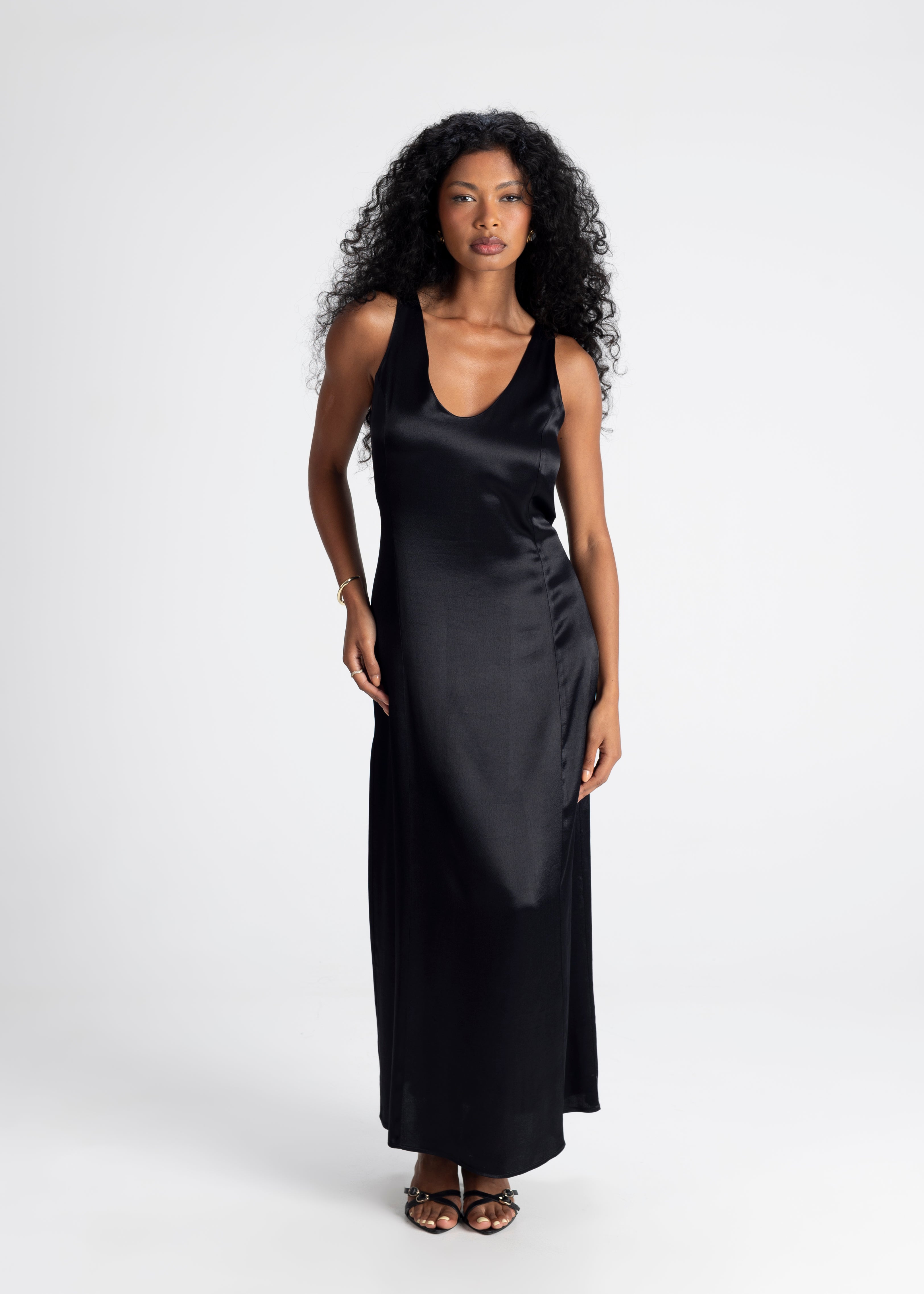 Elena Long Satin Dress - Black