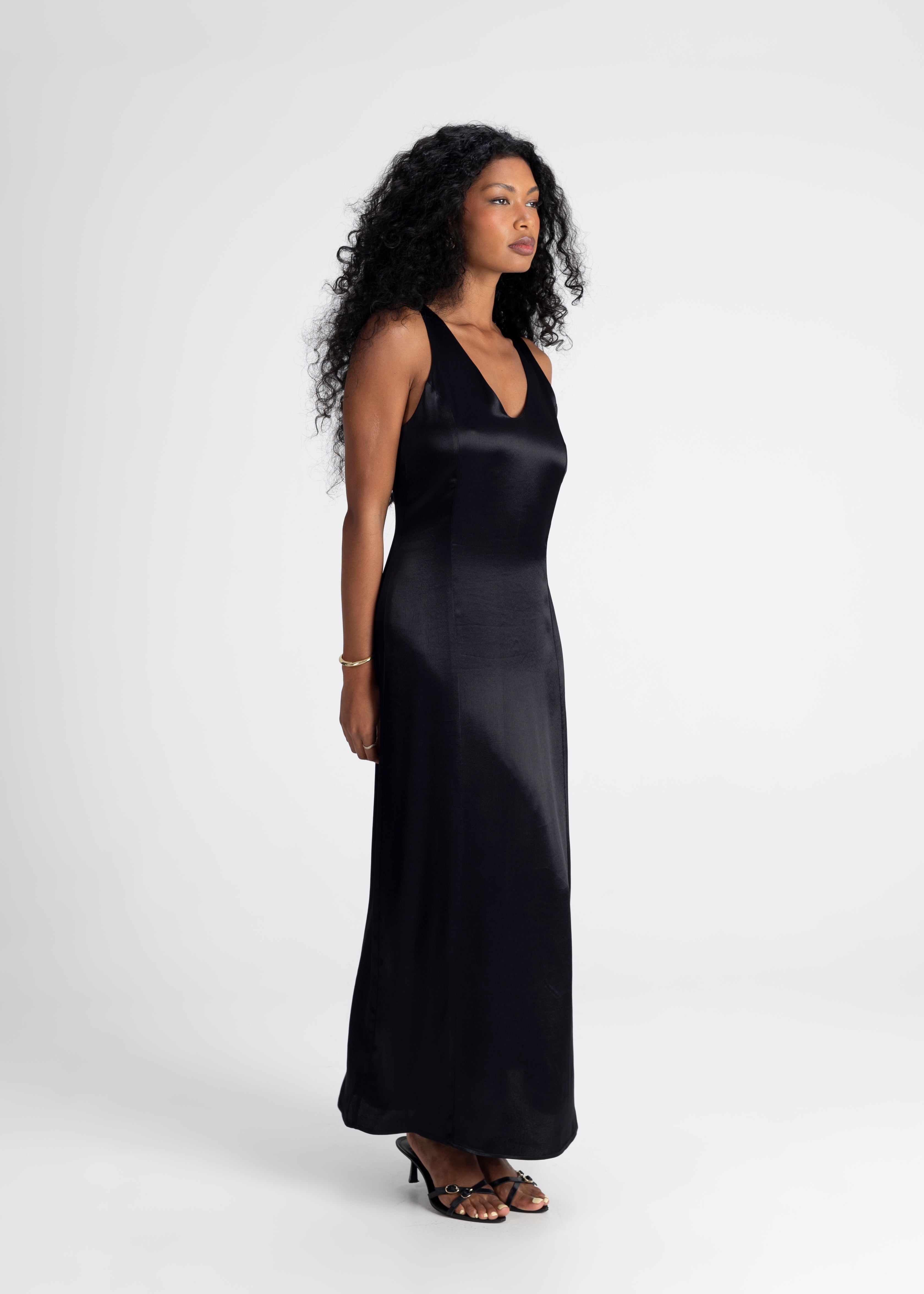 Elena Long Satin Dress - Black