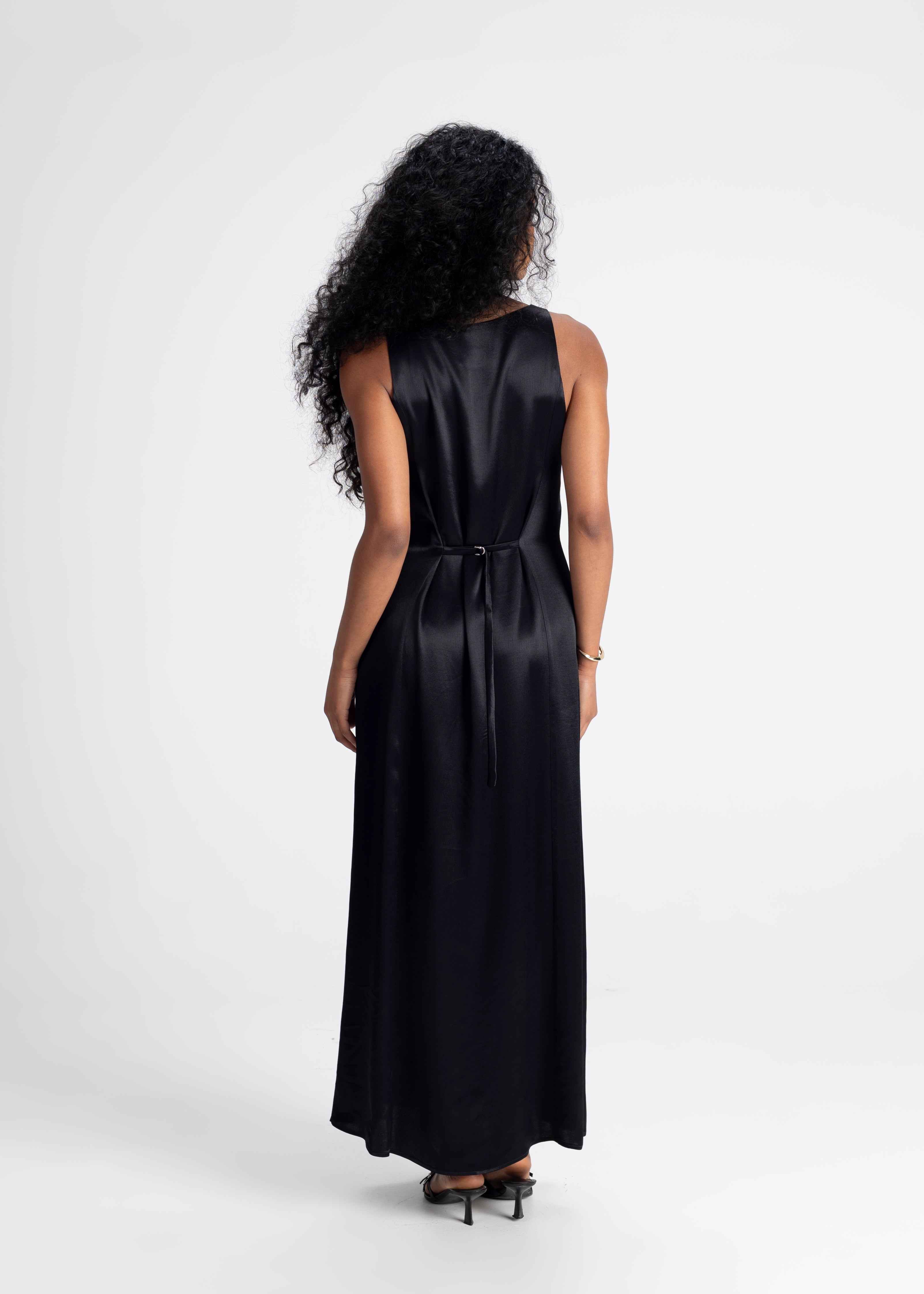 Elena Long Satin Dress - Black