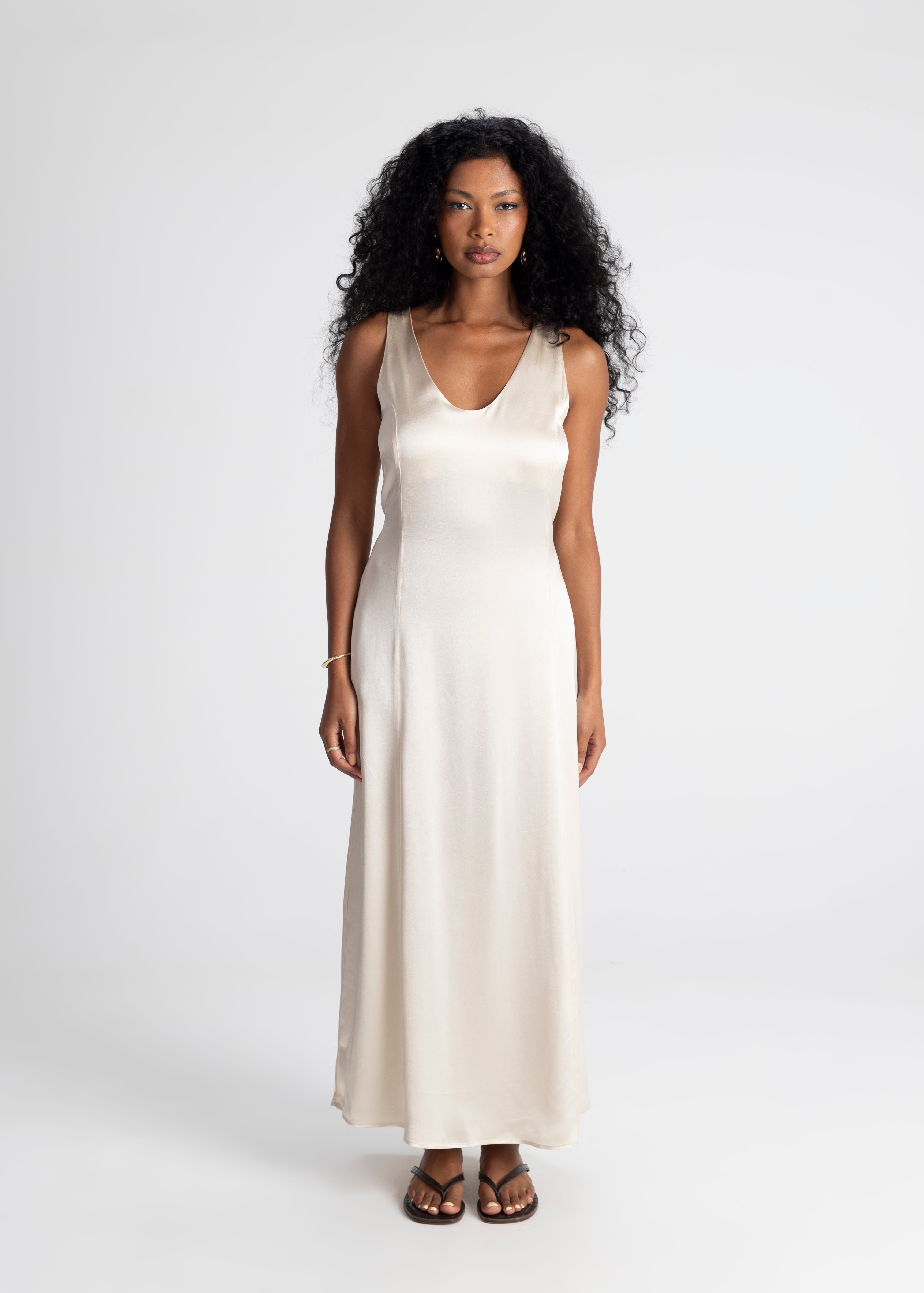 Elena Long Satin Dress - Beige